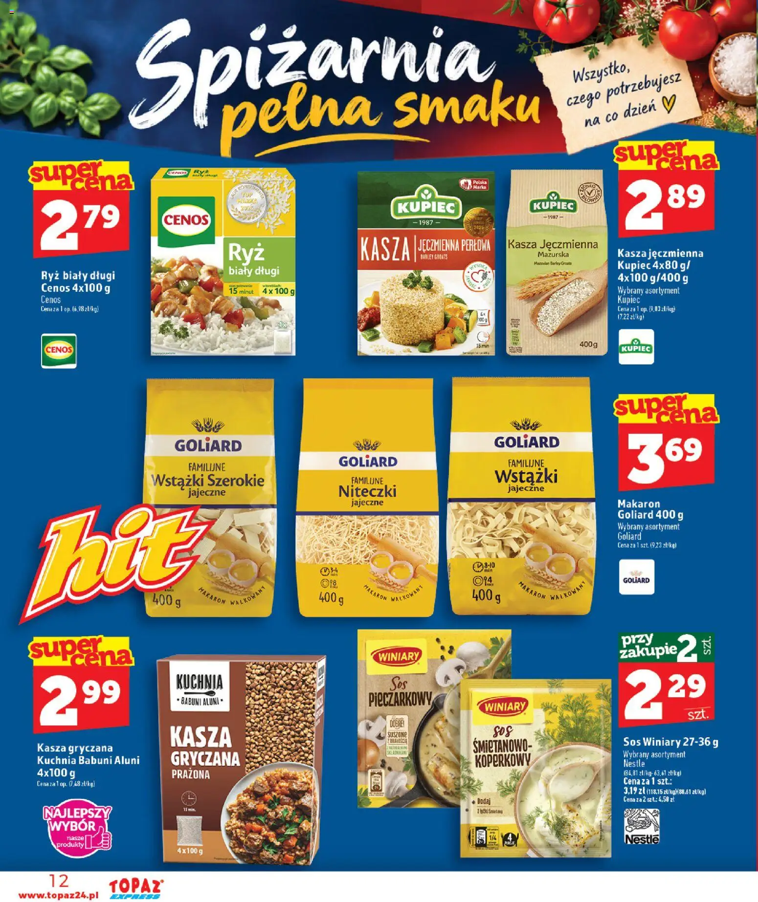Topaz gazetka - Express od 15.10.2026 | Strona: 12 | Produkty: Kasza, Kasza jęczmienna, Makaron, Sos