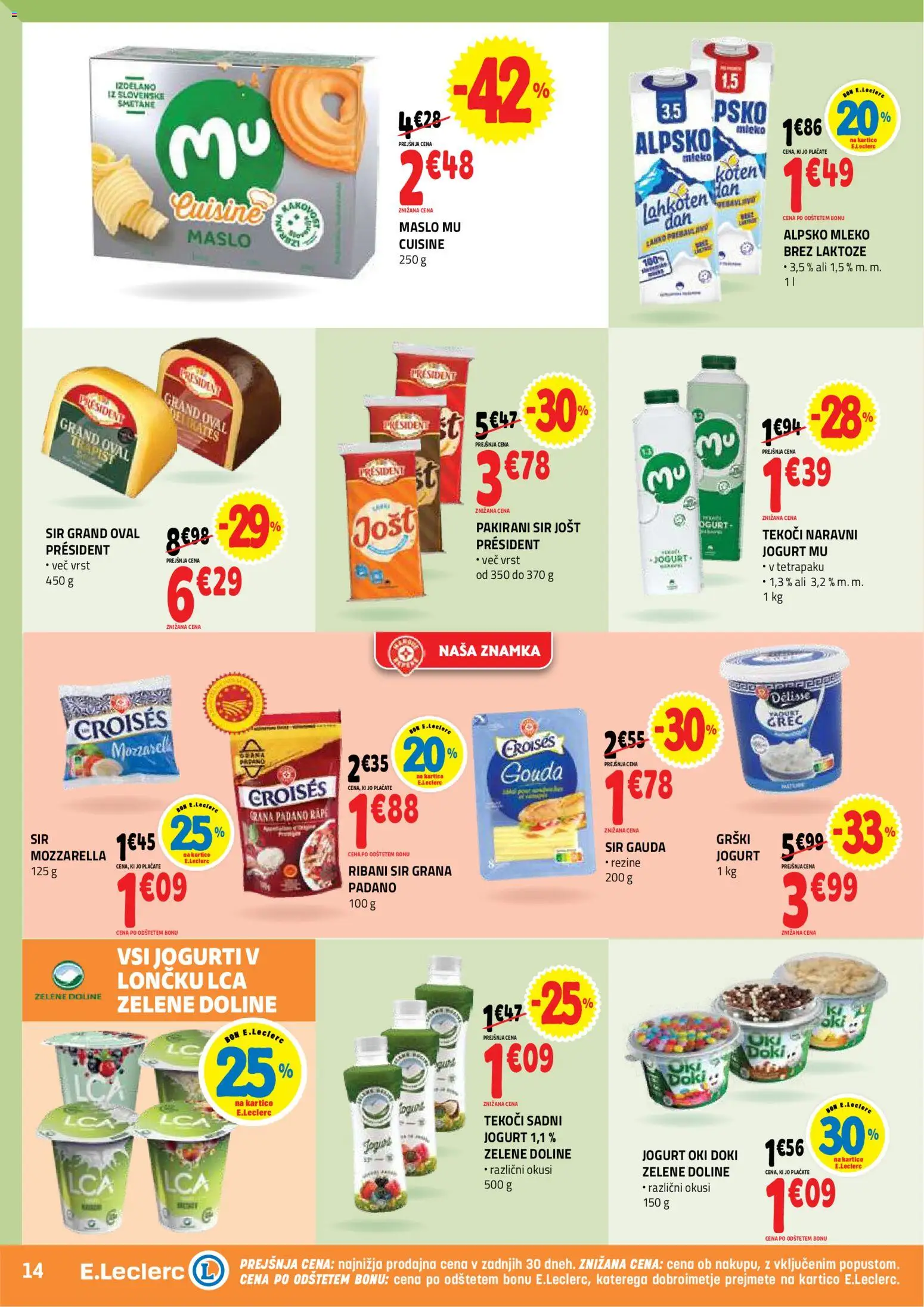 Novi E.leclerc katalog ponudbe – veljaven od 01.07.2026 | Stran: 14 | Izdelki: Gauda, Mleko, Maslo, Jogurt