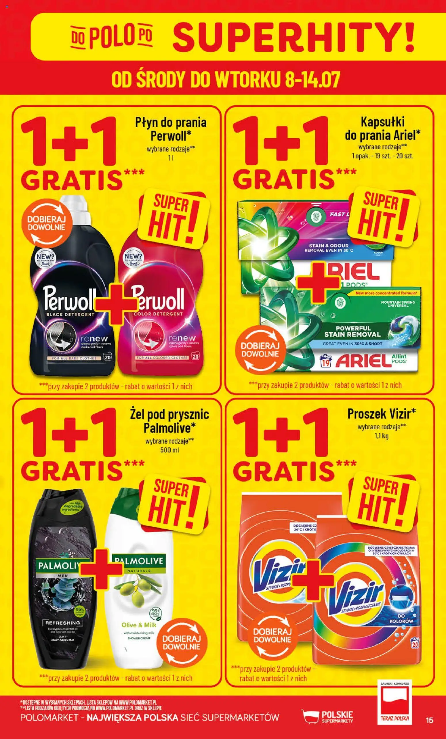 POLOmarket gazetka od 08.07.2026 | Strona: 15 | Produkty: Prysznic, Ariel, Żel pod prysznic, Detergent