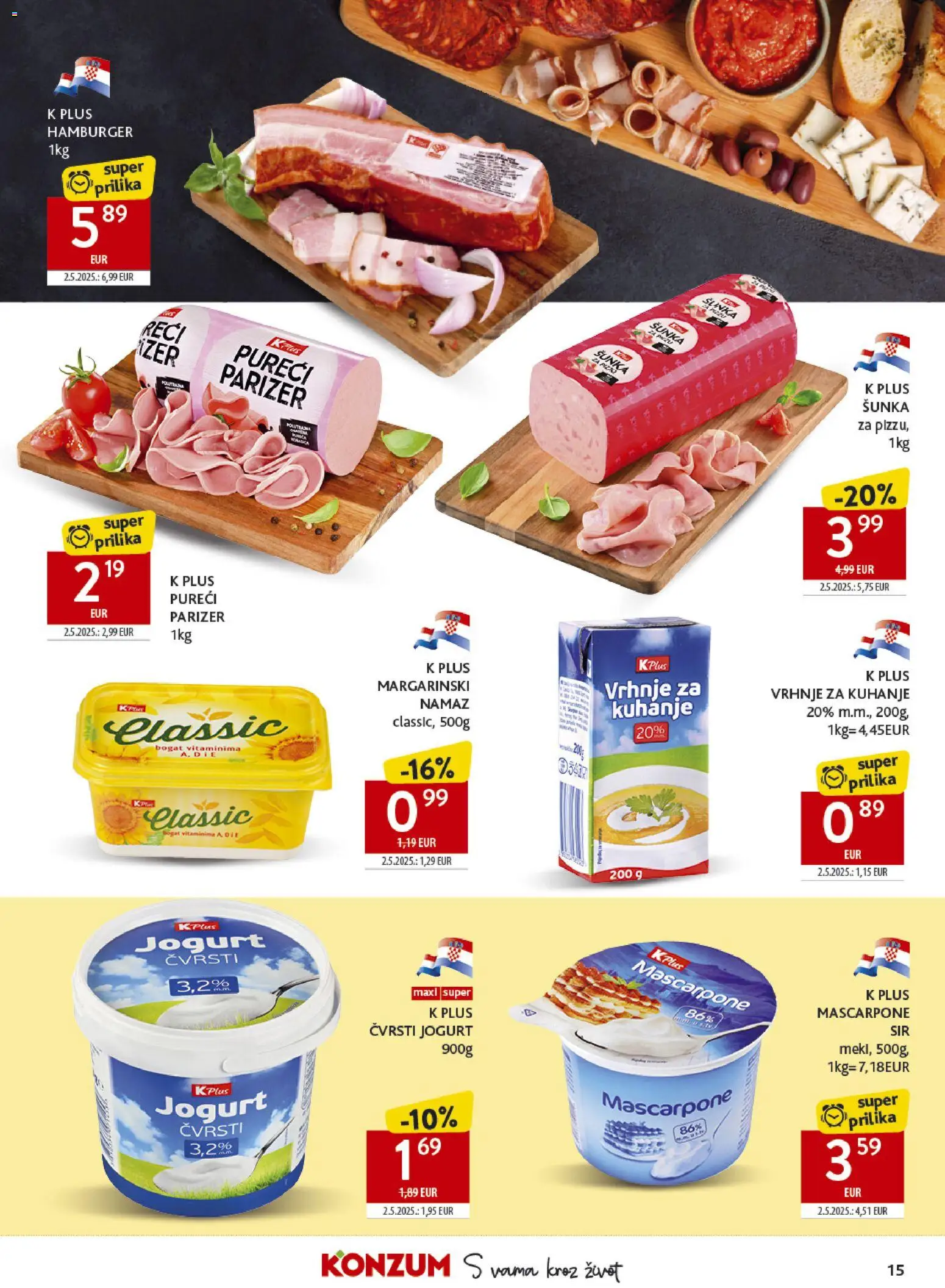 Konzum katalog | vrijedi od 14.10.2026 | Stranica: 15 | Proizvodi: Mascarpone, Vrhnje za kuhanje, Jogurt, Hamburger