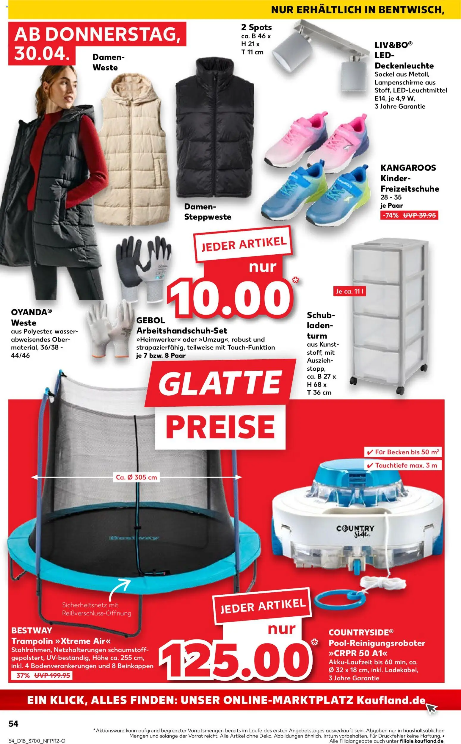 Kaufland Prospekt Rostock	 – gültig ab 30.04.2026 | Seite: 54 | Produkte: Steppweste, Trampoline, Wasser, Weste