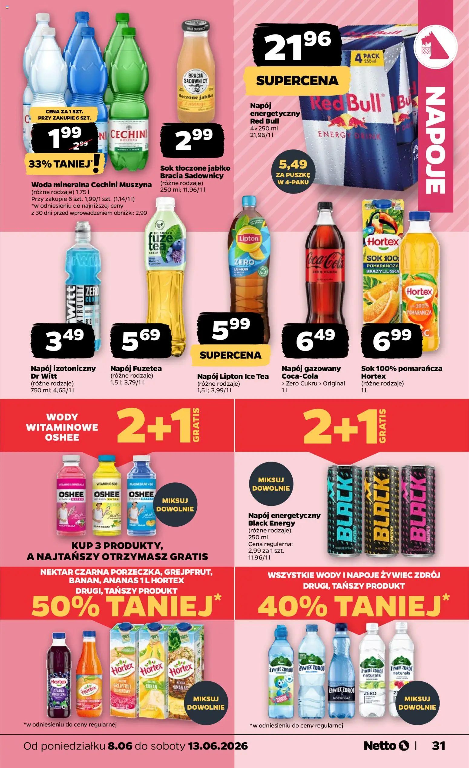 Netto gazetka od poniedziałku spożywcza od 08.06.2026 | Strona: 31 | Produkty: Red bull, Cechini muszyna, Banan, Grejpfrut