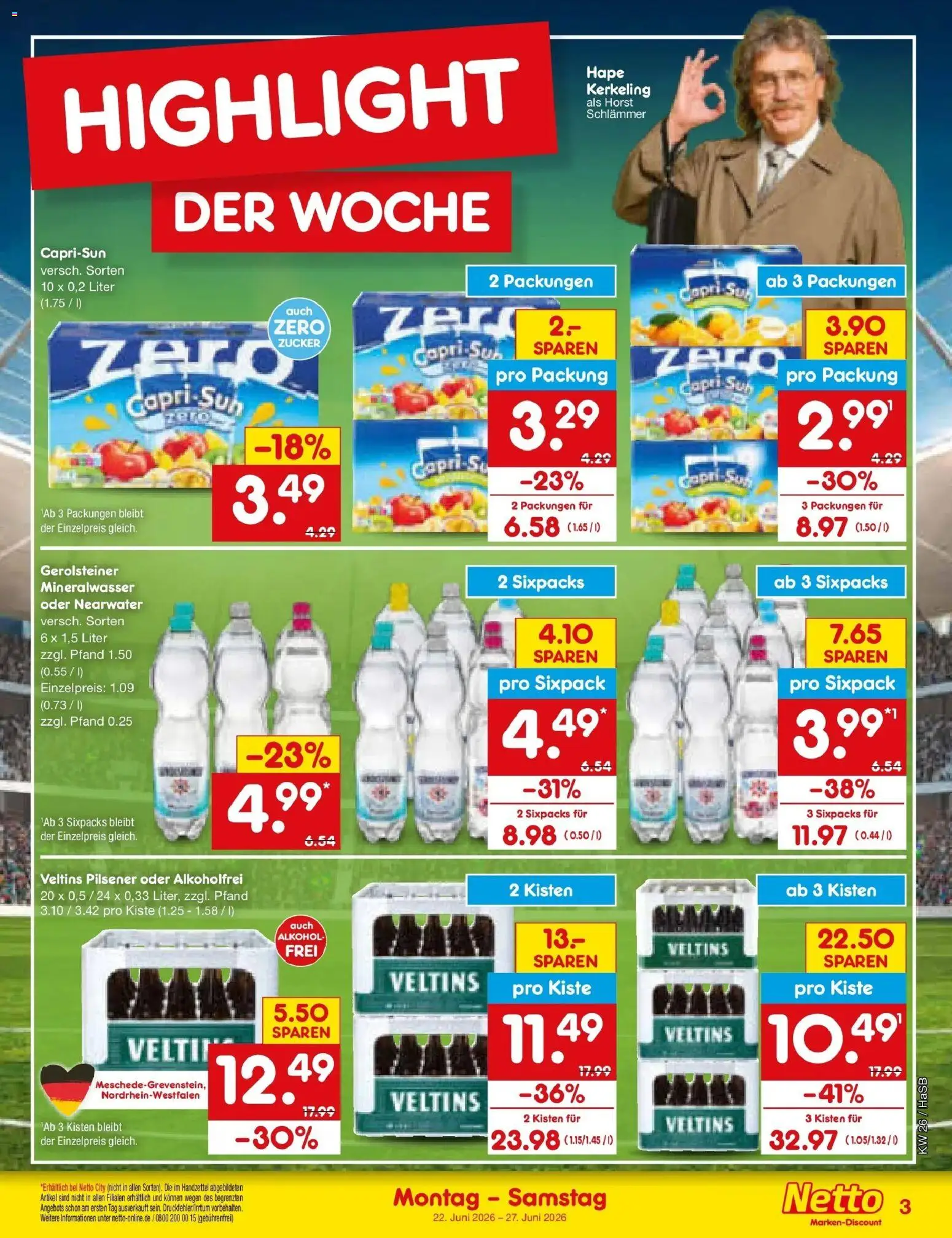 Netto Marken-Discount Prospekt Wuppertal – gültig ab 21.06.2026 | Seite: 3 | Produkte: Capri sun, Mineralwasser, Veltins, Gerolsteiner