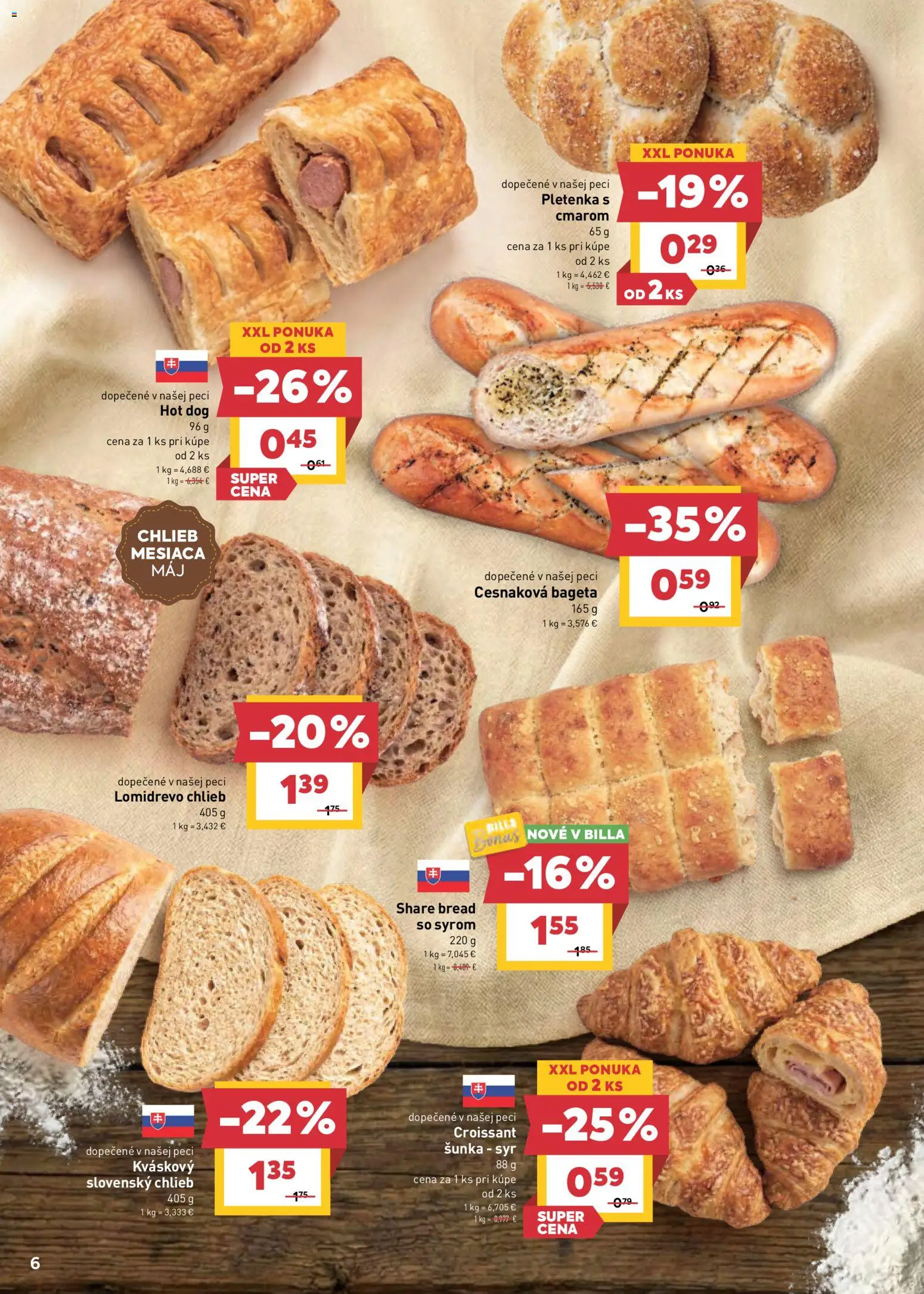 Nové Billa akcie – leták je platný od 06.05.2026 | Strana: 6 | Produkty: Syr, Chlieb, Šunka, Croissant