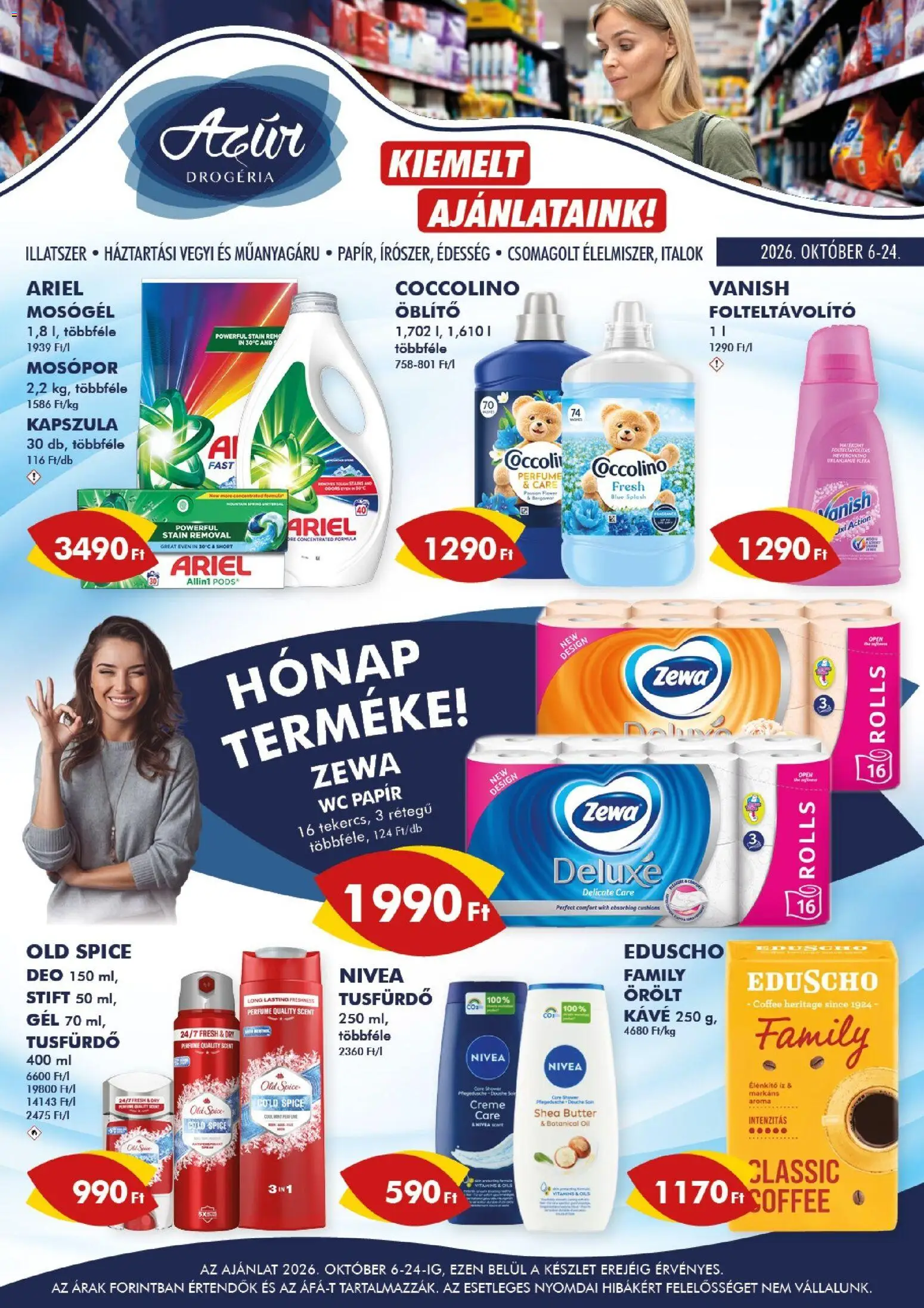Azur akciós ujság - amely érvényes a következő dátumtól: 2026.10.06. | Oldal: 1 | Termékek: Ariel, Coccolino, Italok, Stift