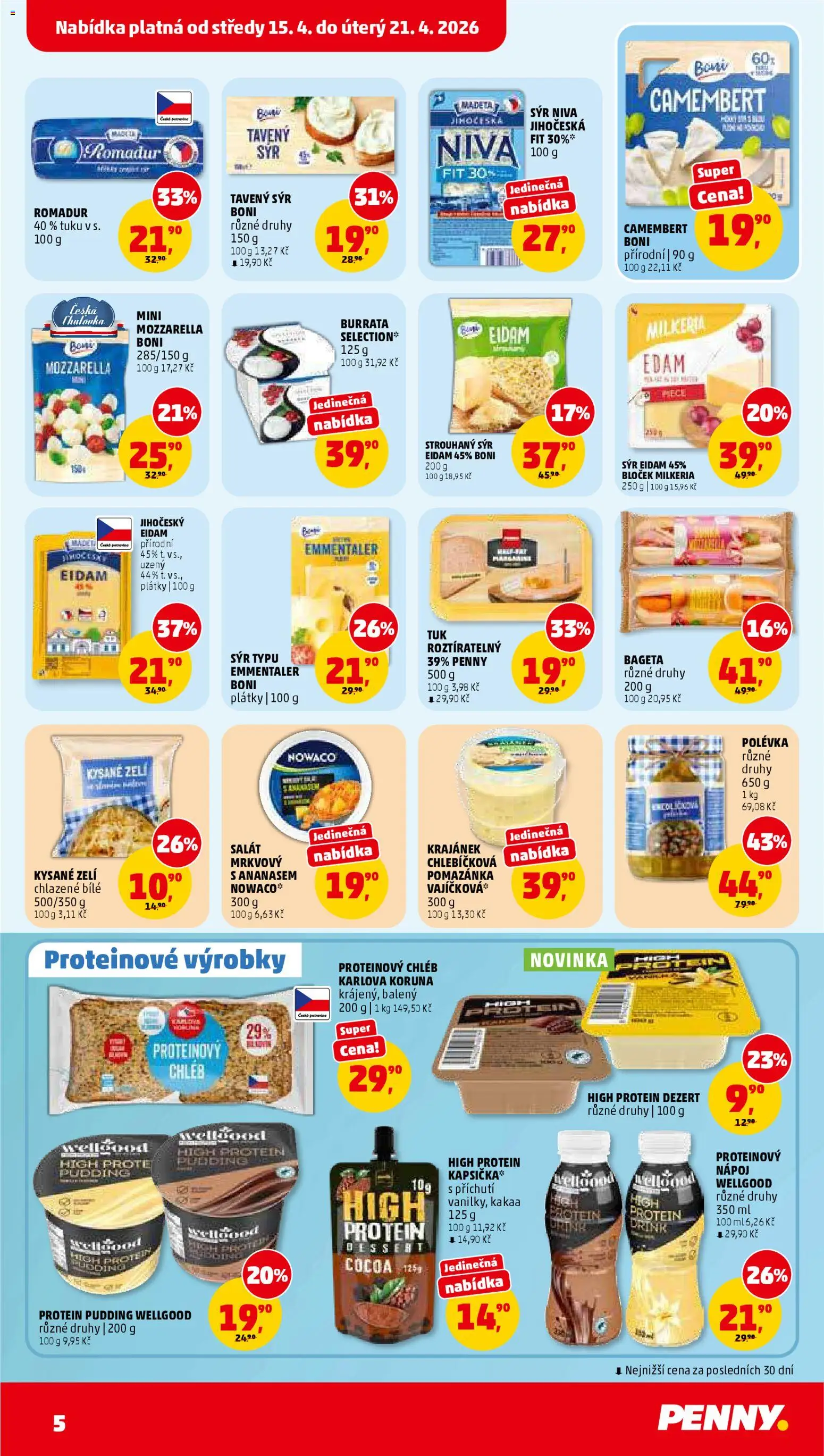 Penny Market leták od 15.04.2026 | Strana: 5 | Produkty: Tavený sýr, Pomazánka, Mozzarella, Protein