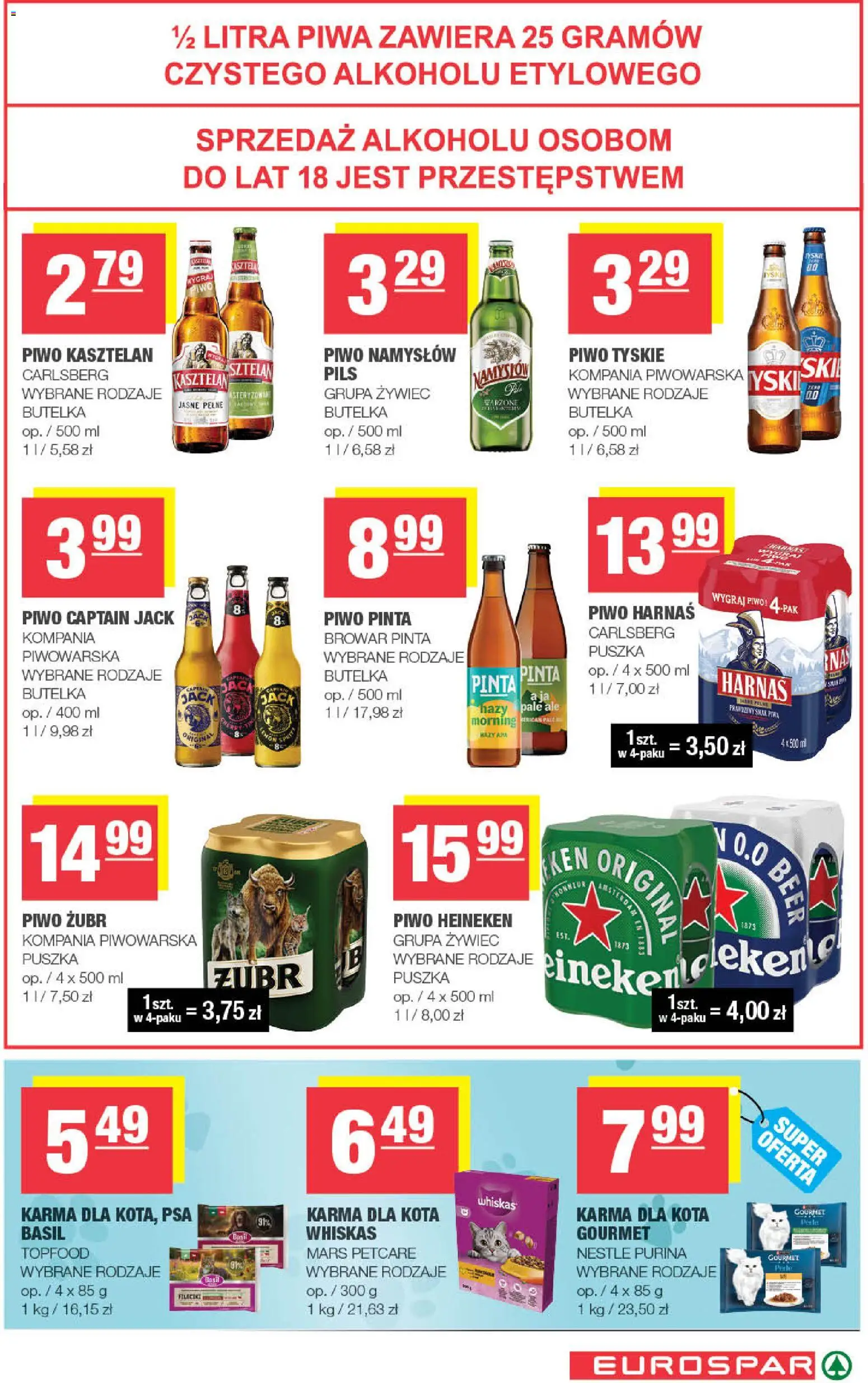Spar gazetka - Eurospar od 21.10.2026 | Strona: 15 | Produkty: Piwo żubr, Piwo tyskie, Karma dla kota, Heineken