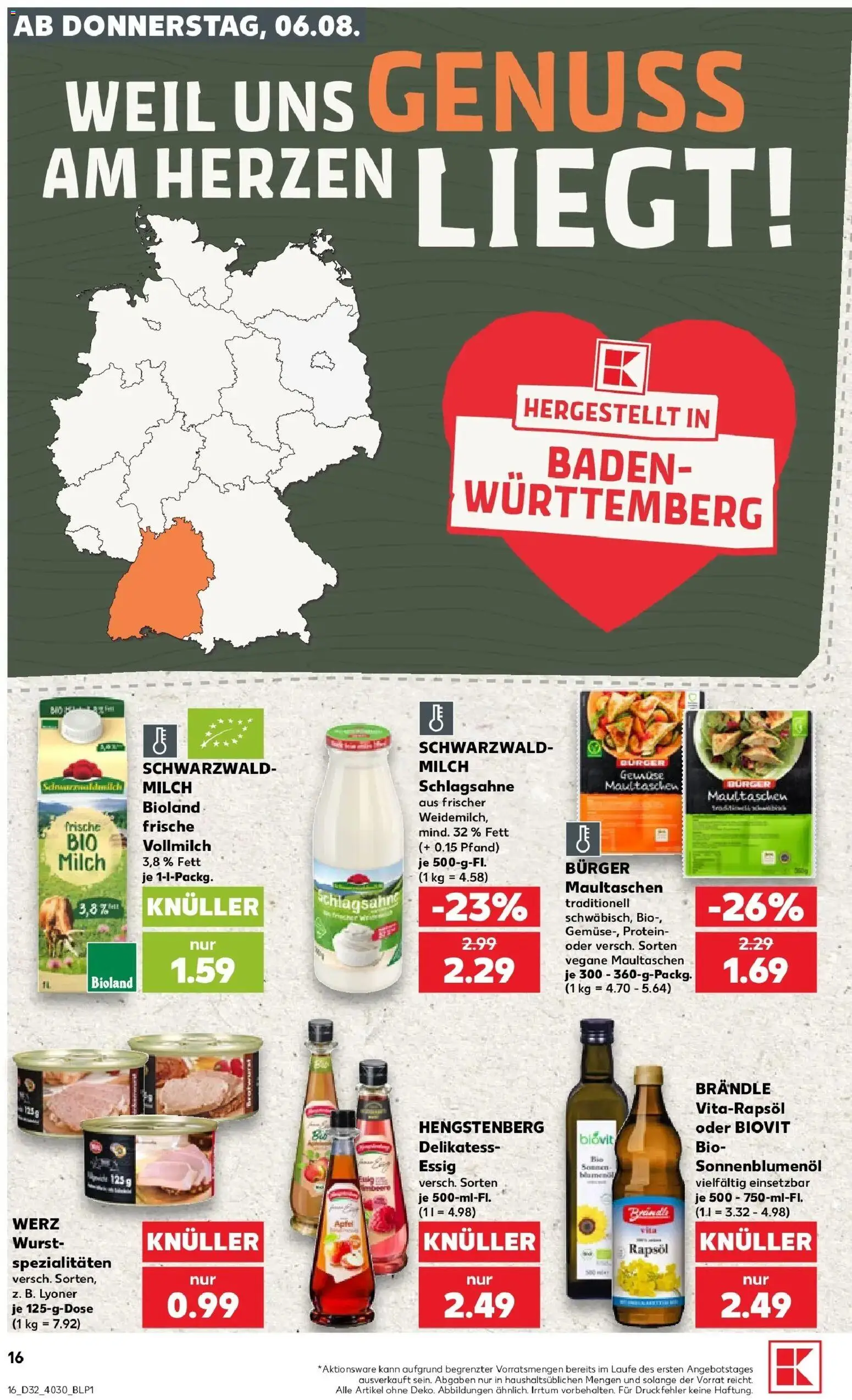 Prospekt Kaufland ab 06.08.2026 » Angebote Online zum Blättern | Seite: 16 | Produkte: Rapsöl, Sonnenblumenol, Spezialitäten, Wurst