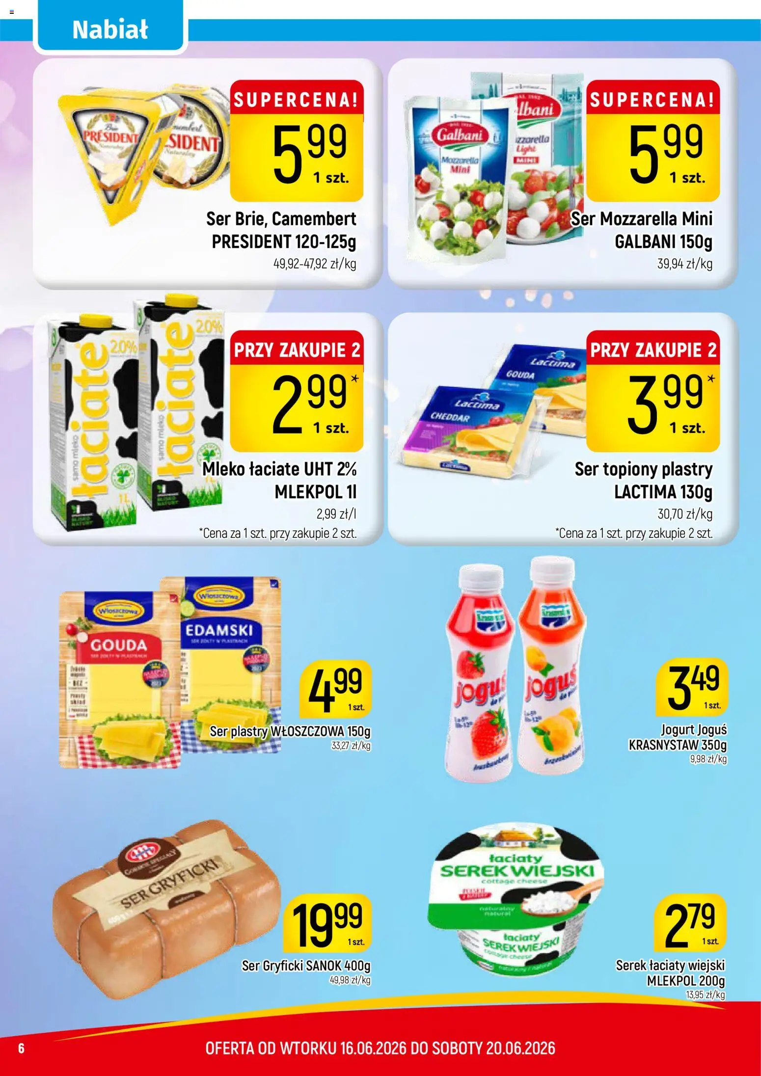 Piotruś Pan gazetka od 16.06.2026 | Strona: 6 | Produkty: Camembert, Serek wiejski, Jogurt, Mozzarella