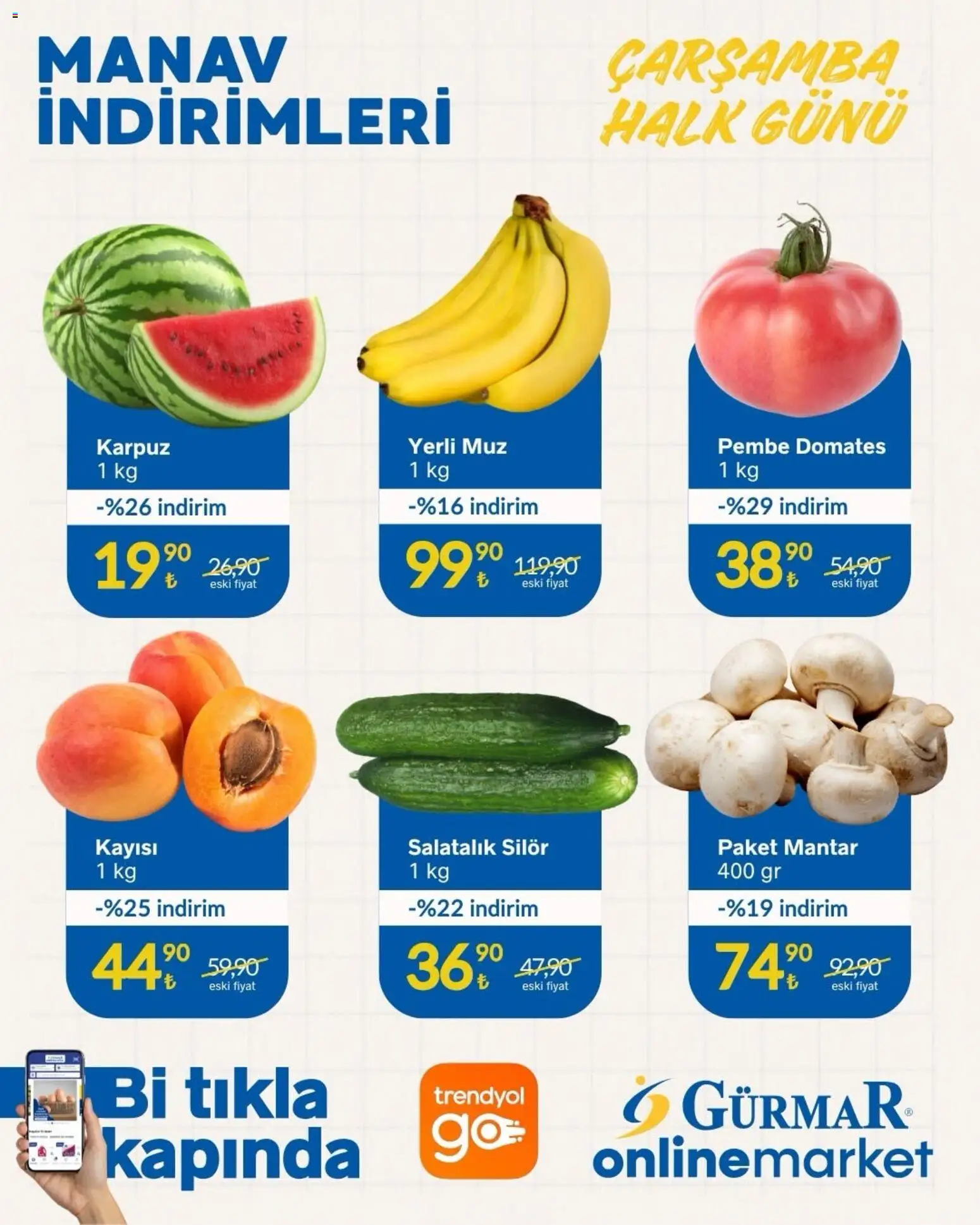 Gürmar - Manav İndirimleri - 24 Haziran 2026 tarihinden itibaren geçerlidir | Sayfa: 1 | Ürünler: Domates, Kayısı, Karpuz, Mantar