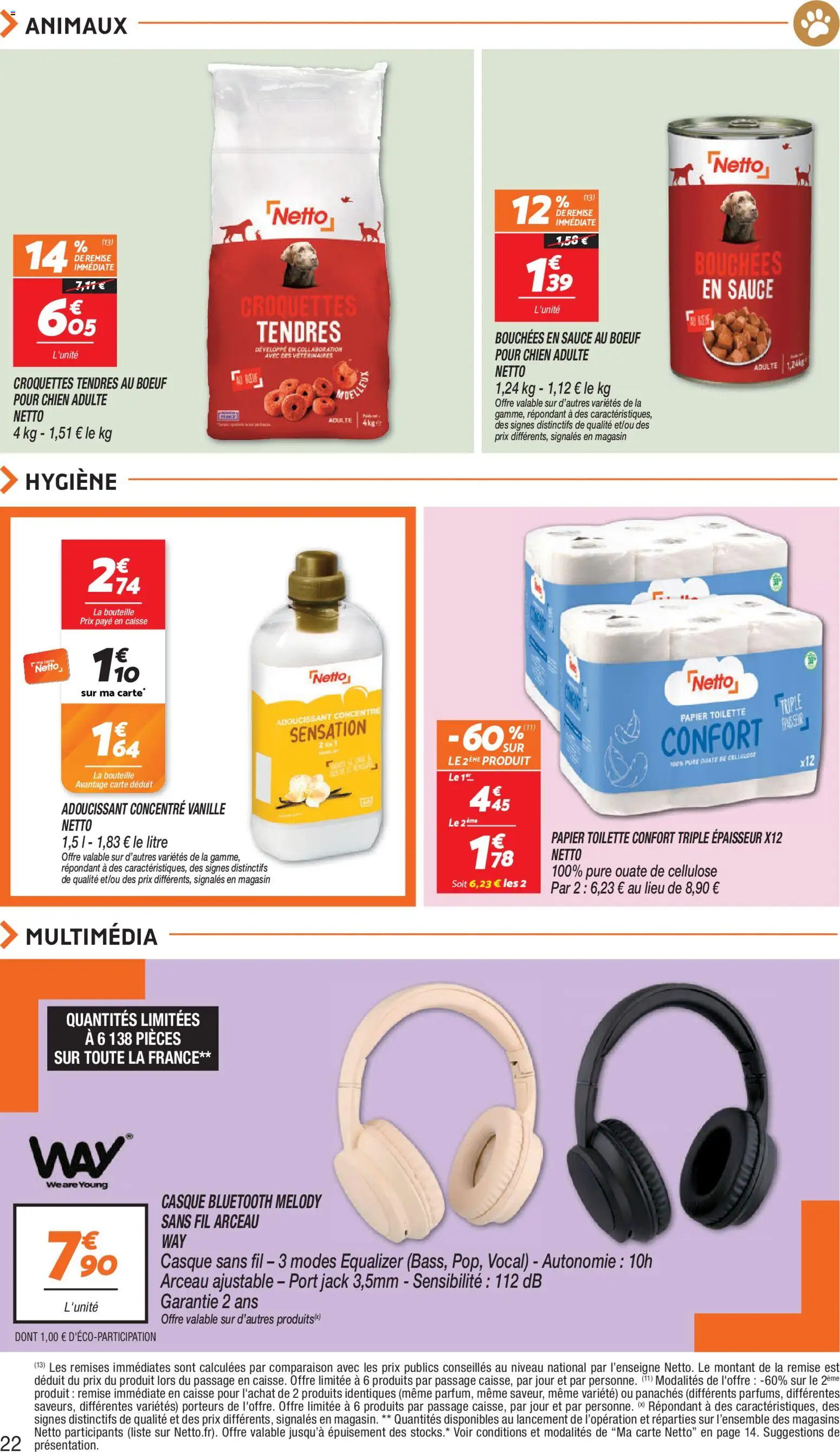 {H1} | Page: 22 | Produits: Croquettes, Papier toilette, Adoucissant, Casque Bluetooth