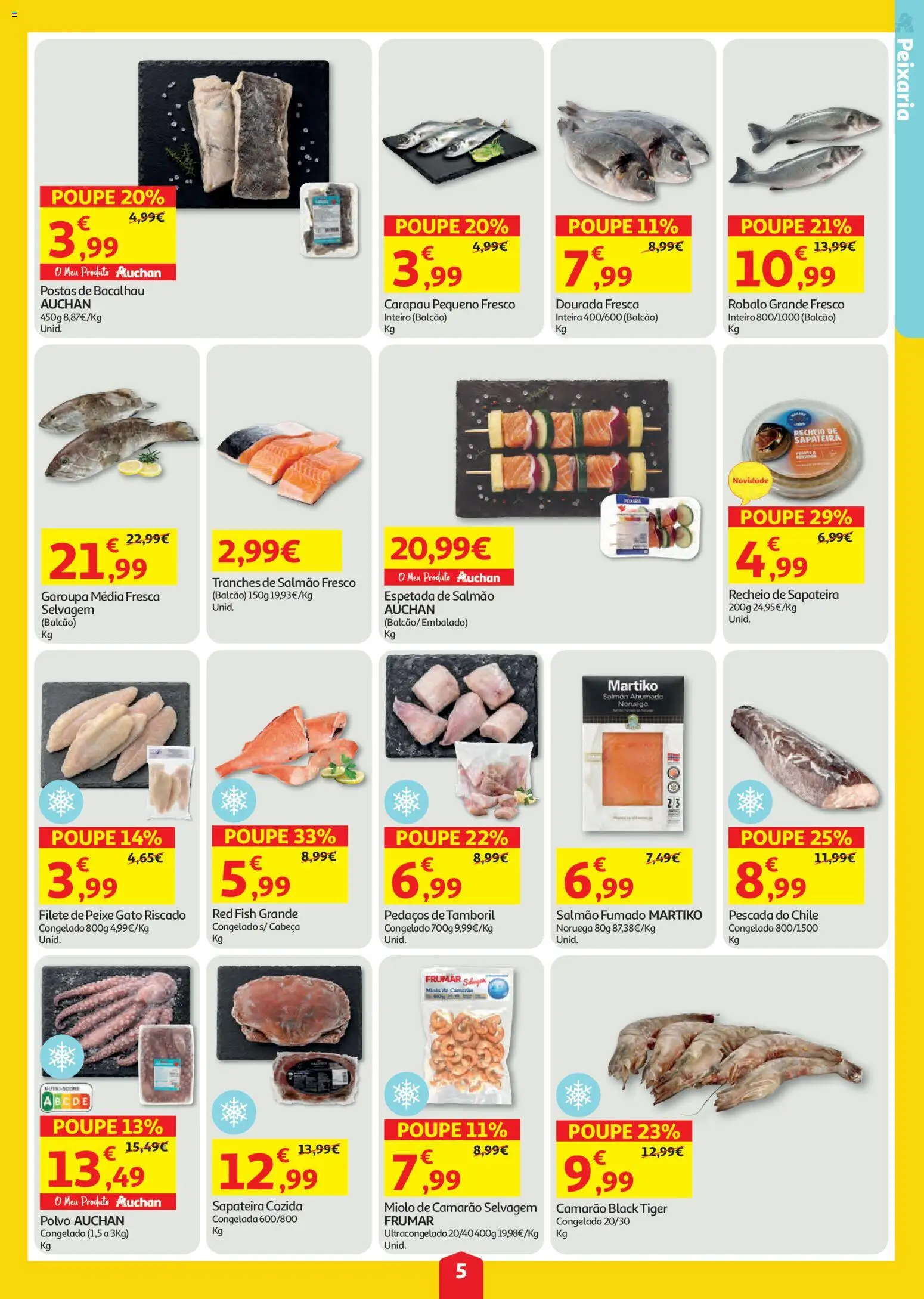 Auchan folheto │ válido de 23/07/2026 | Página: 5 | Produtos: Pescada, Polvo, Camarão, Sapateira