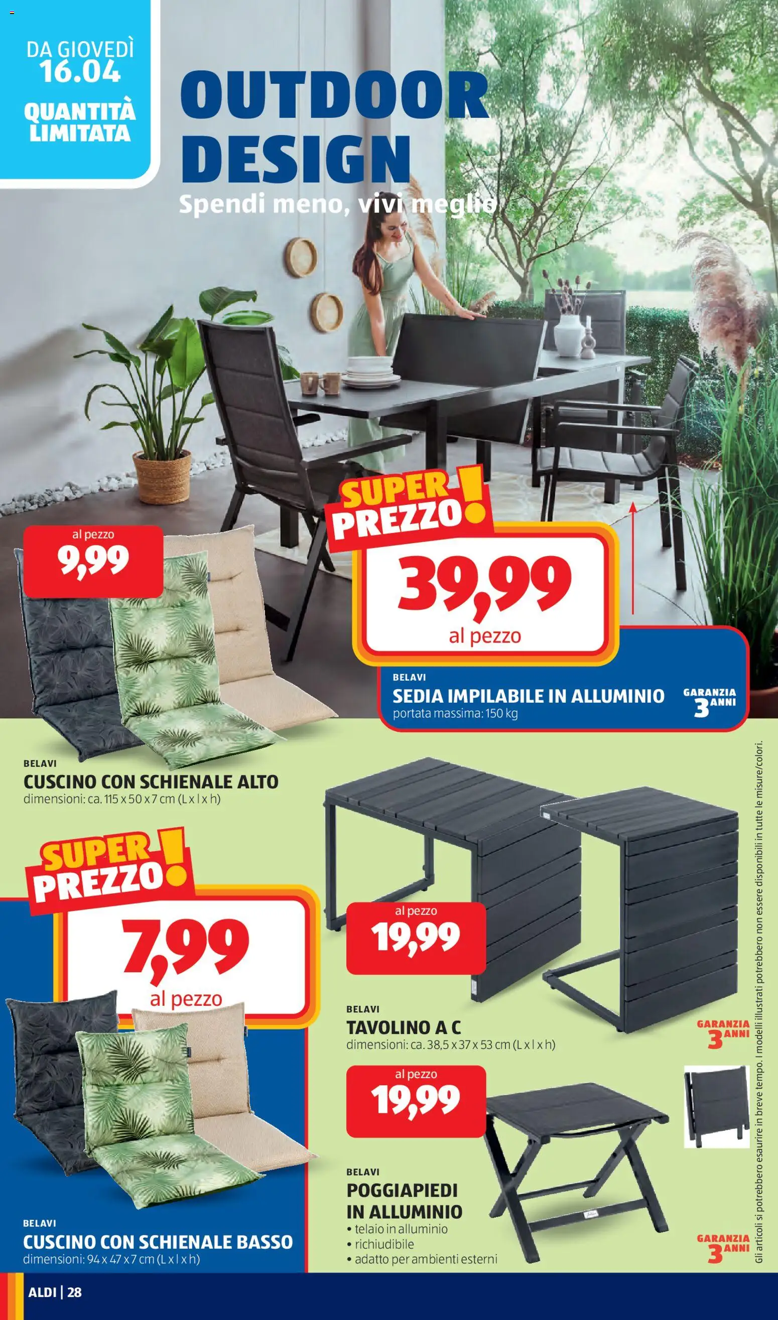 Volantino Aldi del 13.04.2026 | Pagina: 28 | Prodotti: Tavolino, Poggiapiedi, Cuscino, Sedia