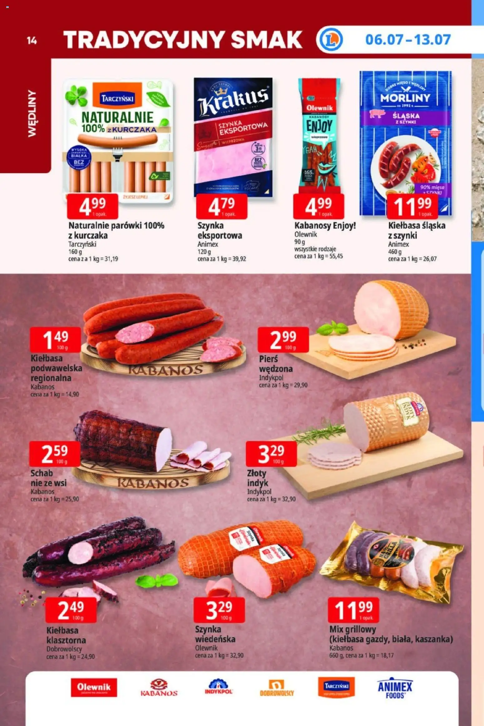 E.Leclerc gazetka od 06.07.2026 | Strona: 14 | Produkty: Kabanosy, Parówki, Kaszanka, Szynka