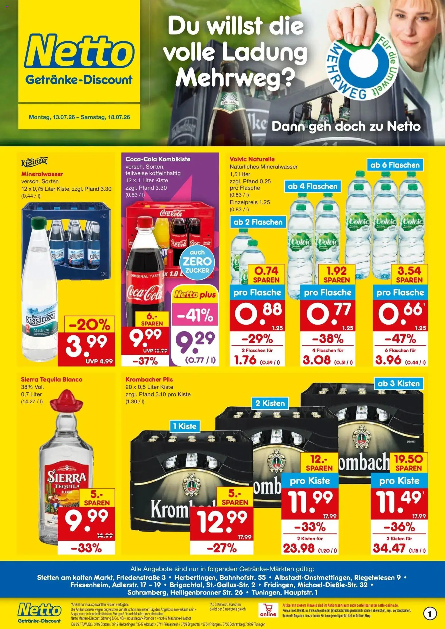 Netto Marken-Discount Prospekt Fridingen – gültig ab 13.07.2026 | Seite: 1 | Produkte: Mineralwasser, Tequila, Krombacher, Volvic