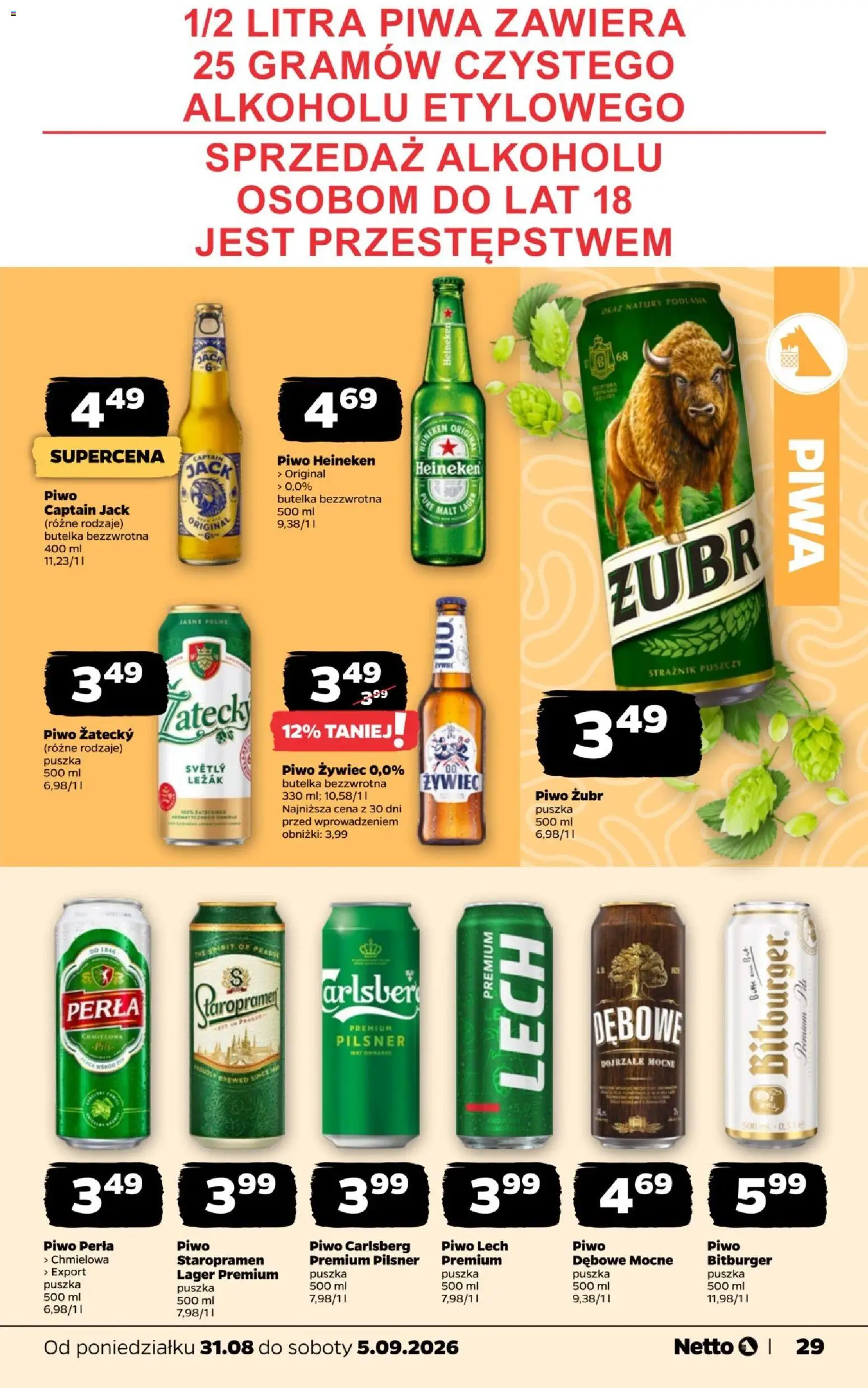 Netto gazetka od poniedziałku od 31.08.2026 | Strona: 29 | Produkty: Piwo żubr, Leżak, Piwo perła, Piwo zatecky
