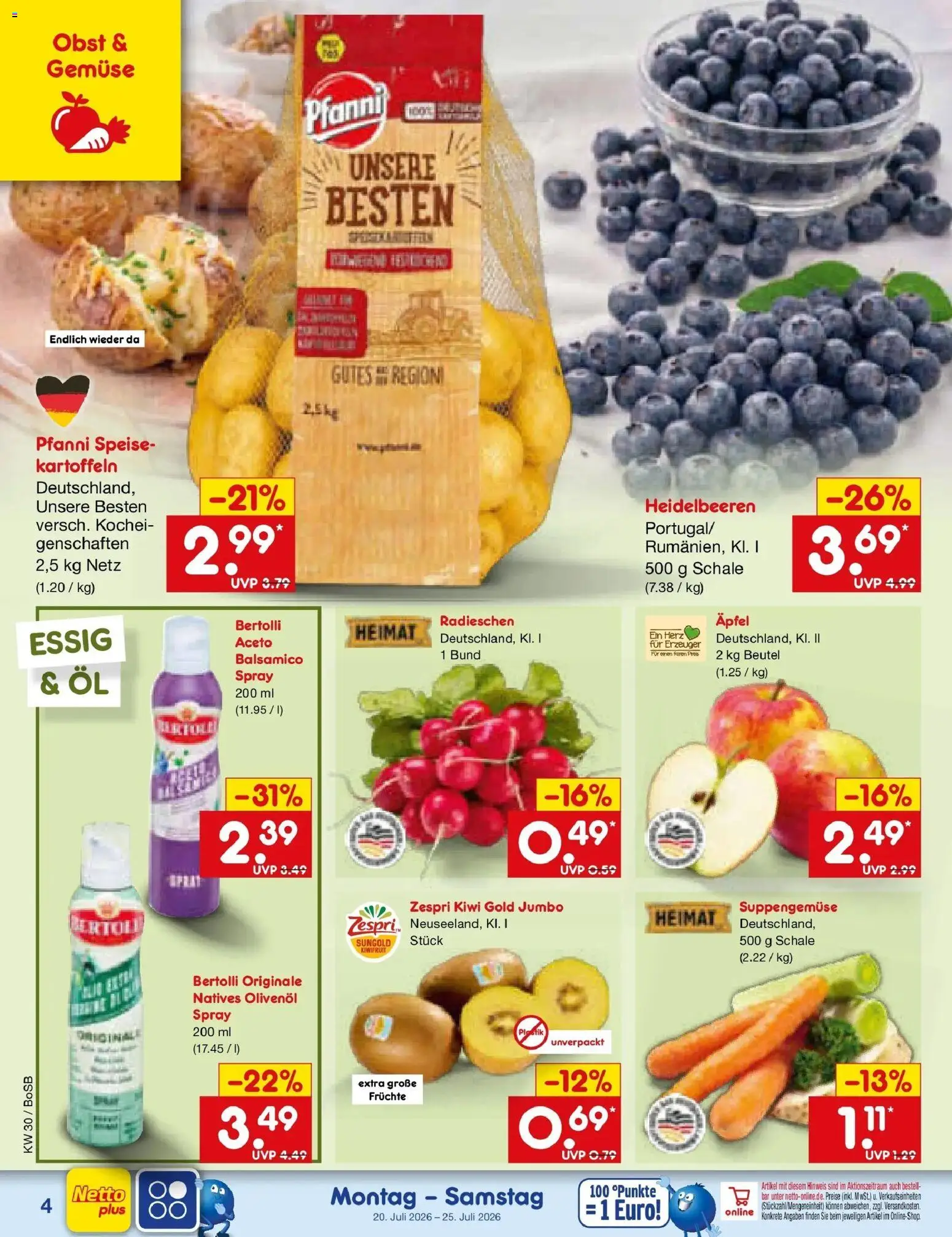 Netto Marken-Discount Prospekt Stadtlohn – gültig ab 20.07.2026 | Seite: 4 | Produkte: Öl, Äpfel, Heidelbeeren, Gemüse