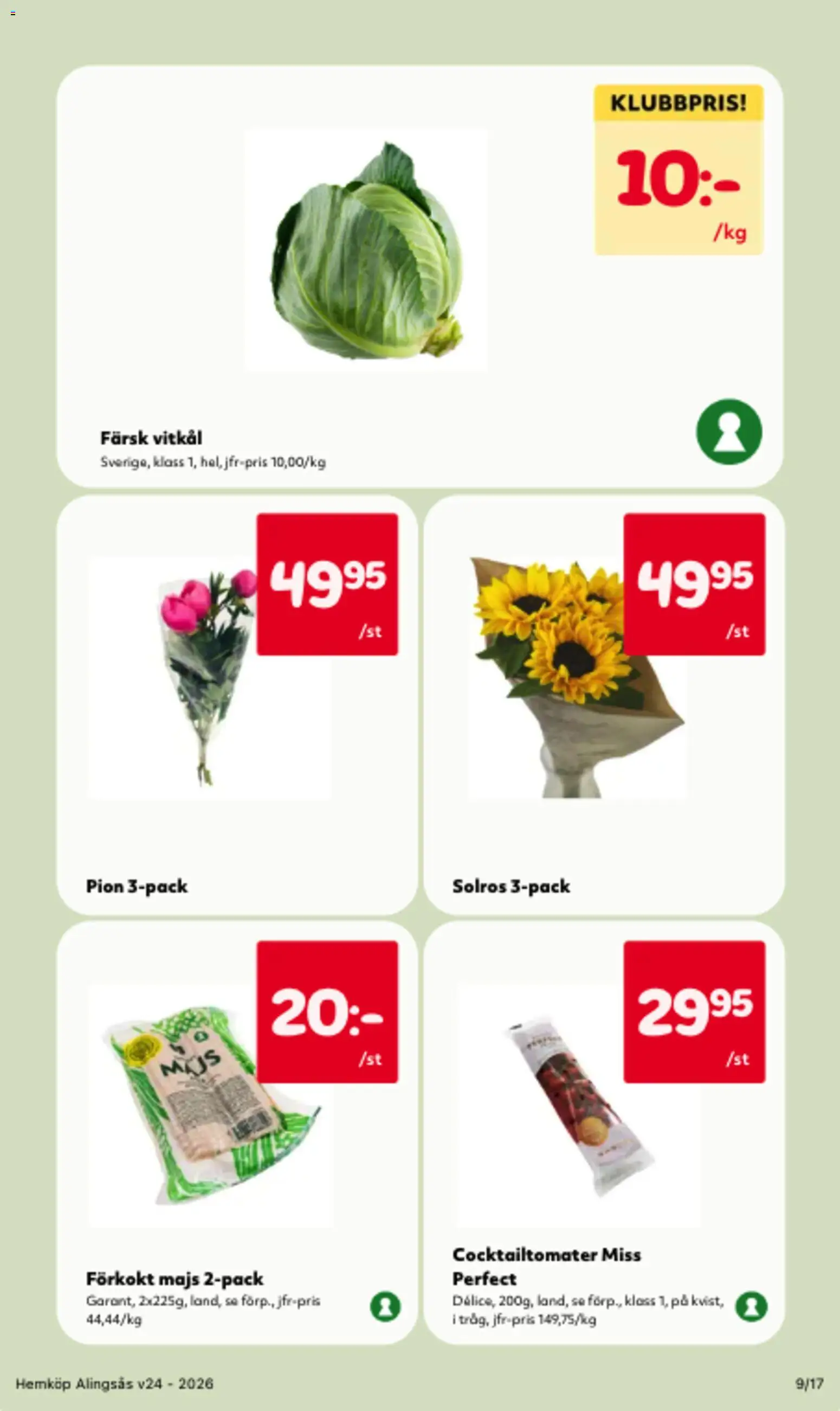 Hemköp reklamblad aktuell från 08.06.2026 | Sida: 9 | Produkter: Cocktailtomater, Vitkål, Majs
