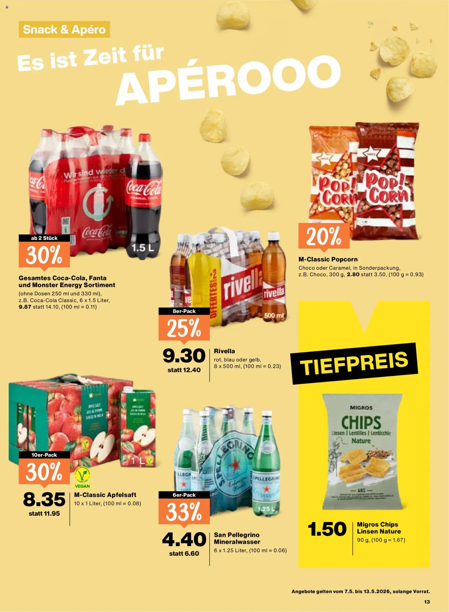Migros aktionen – gültig ab 07.05.2026 | Seite: 13 | Produkte: Apfelsaft, Mineralwasser, Chips, Apple