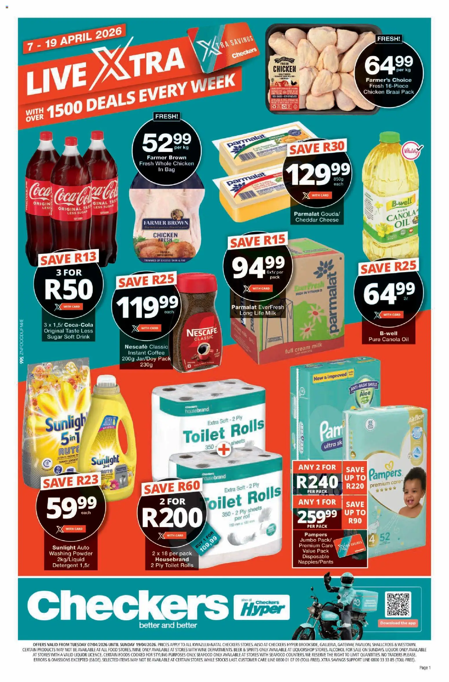 New Checkers catalogue – valid from 07.04.2026 | Page: 1 | Products: Bag, Milk, Washing powder, Seafood
