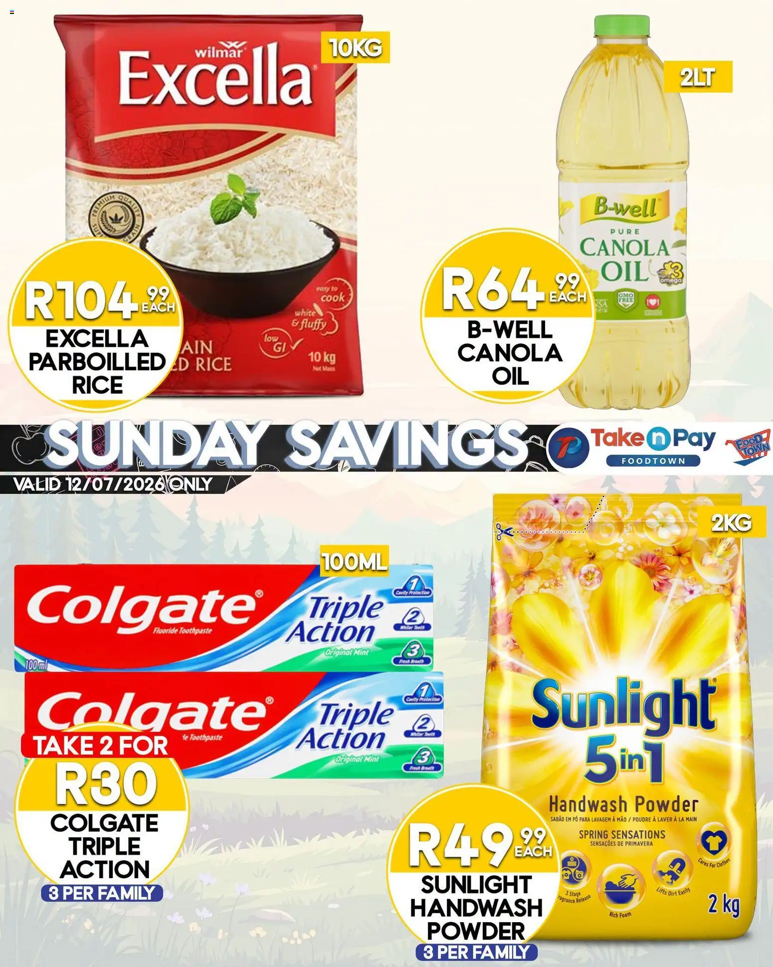 New Take n Pay catalogue – valid from 19/07/2026 | Page: 4 | Products: Handwash, Powder, Rice, Toothpaste