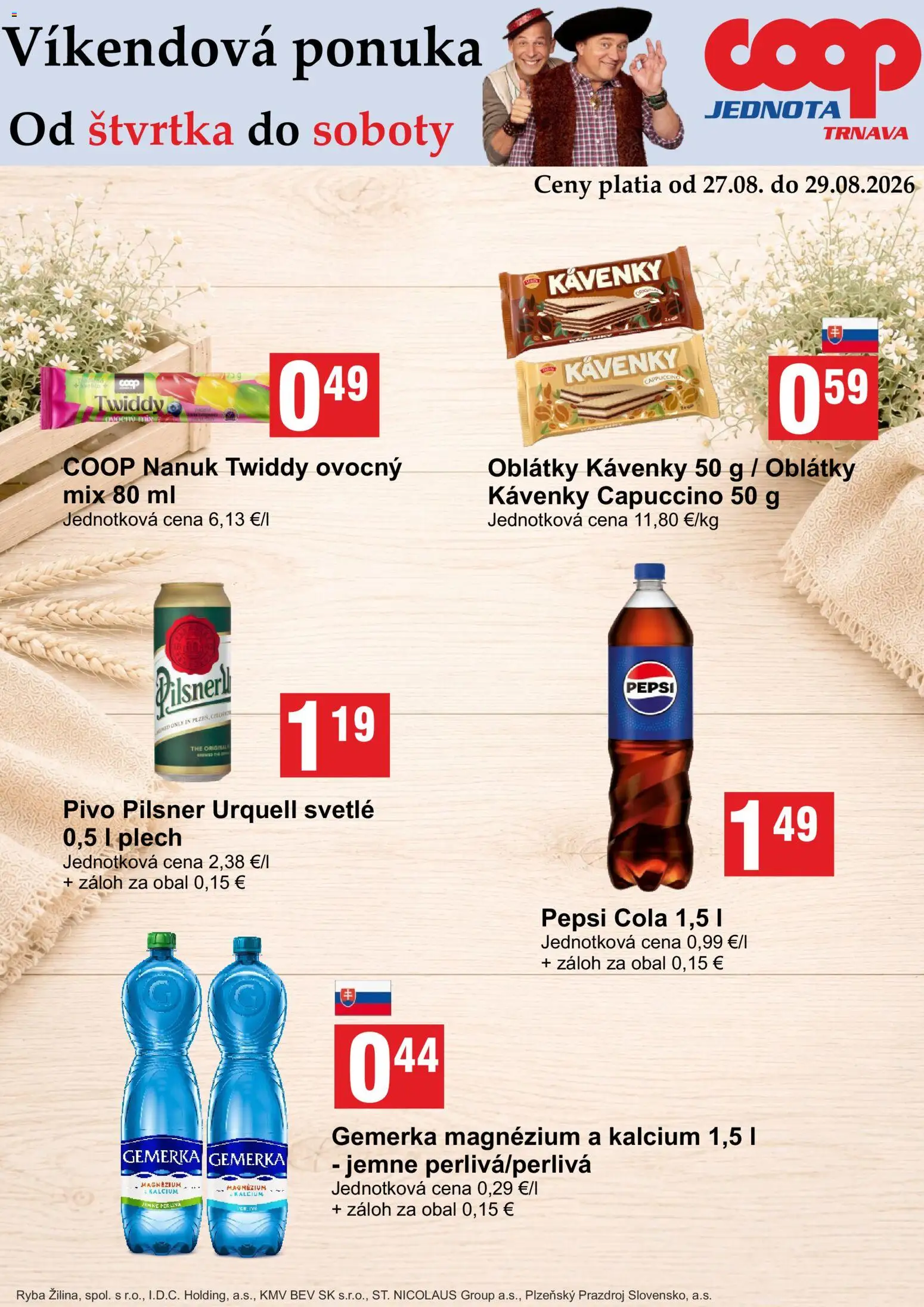 Nové COOP Jednota akcie – leták je platný od 27.08.2026 | Strana: 2 | Produkty: Pilsner Urquell, Nanuk, Ryba, Gemerka