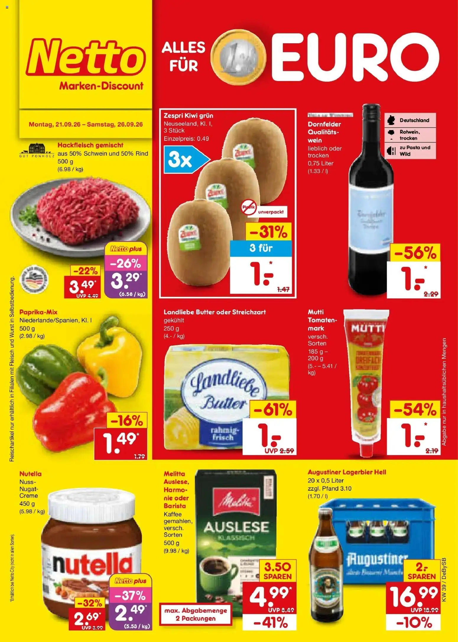 Netto Marken-Discount Prospekt Stuttgart – gültig ab 21.09.2026 | Seite: 1 | Produkte: Kaffee, Wein, Fleisch, Hackfleisch