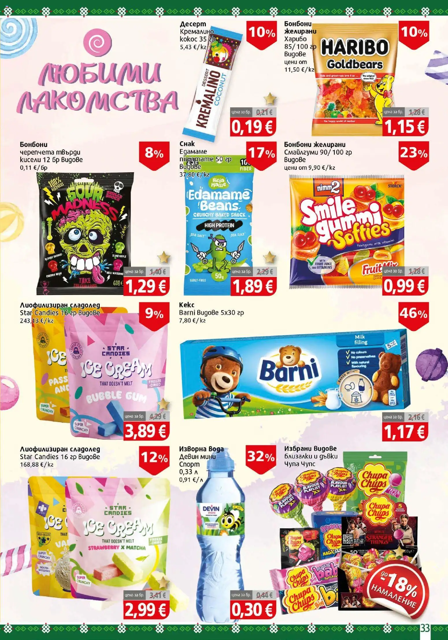 {H1} | Страница: 33 | Продукти: Бонбони, Сладолед, Вода, Близалки