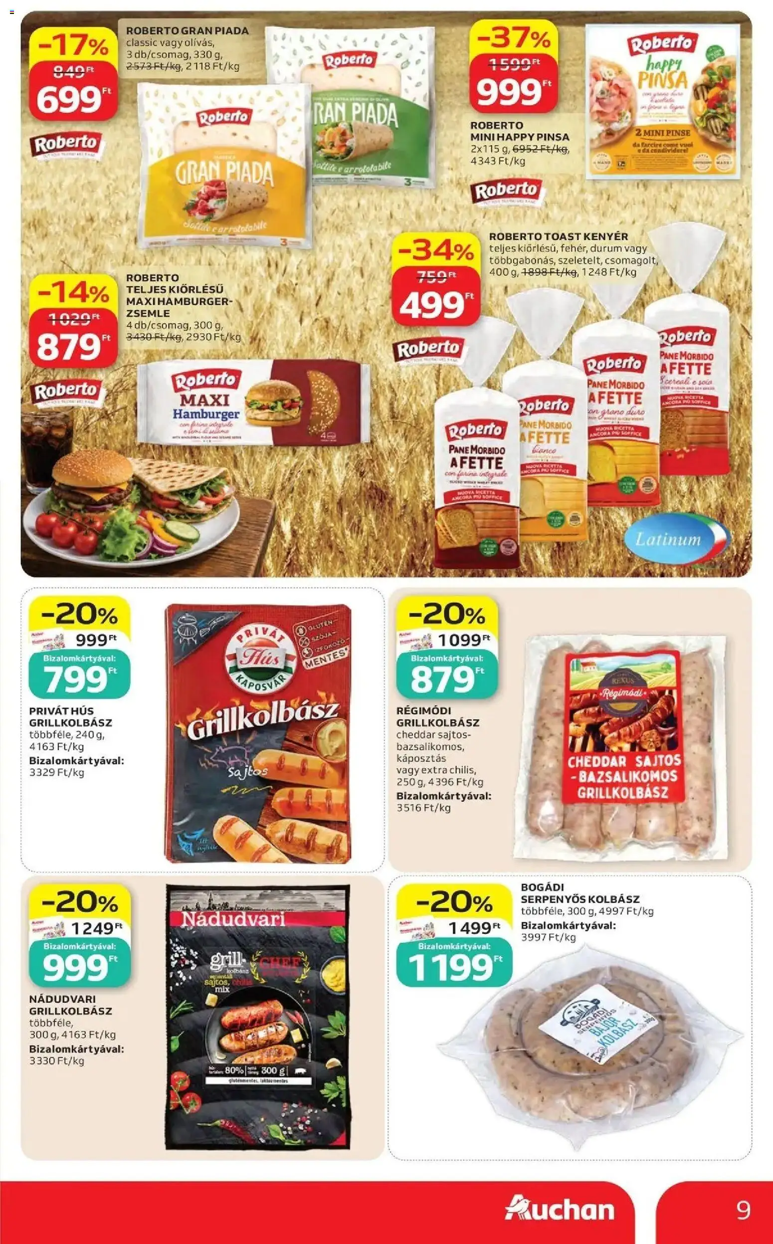 Auchan akciós ujság - amely érvényes a következő dátumtól: 2026.07.30. | Oldal: 9 | Termékek: Grillkolbász, Grill, Kenyér, Toast kenyér