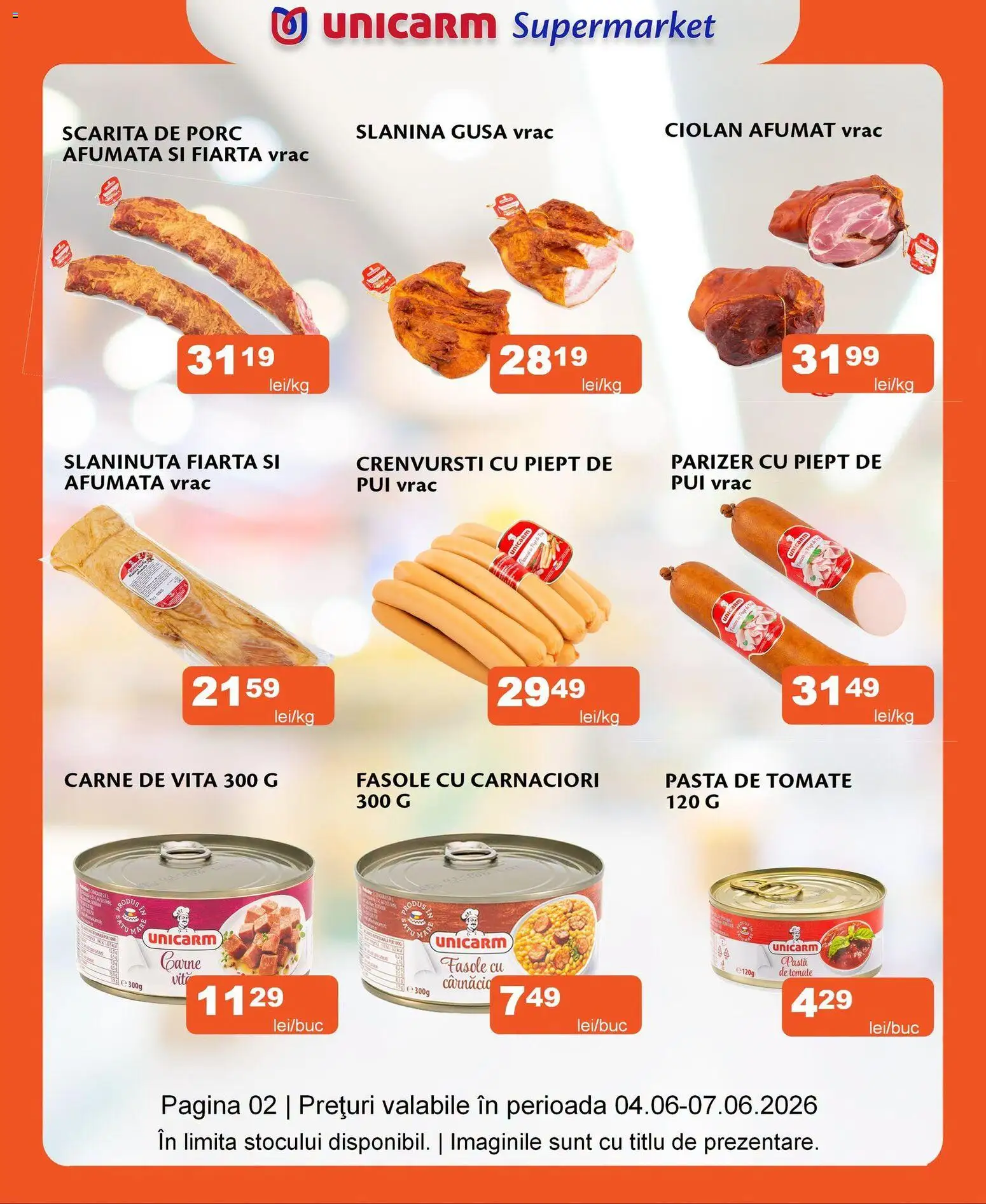 Noul catalog Unicarm – valabil de la 04.06.2026 | Pagină: 2 | Produse: Crenvurști, Pastă de tomate, Carne De Vită, Parizer
