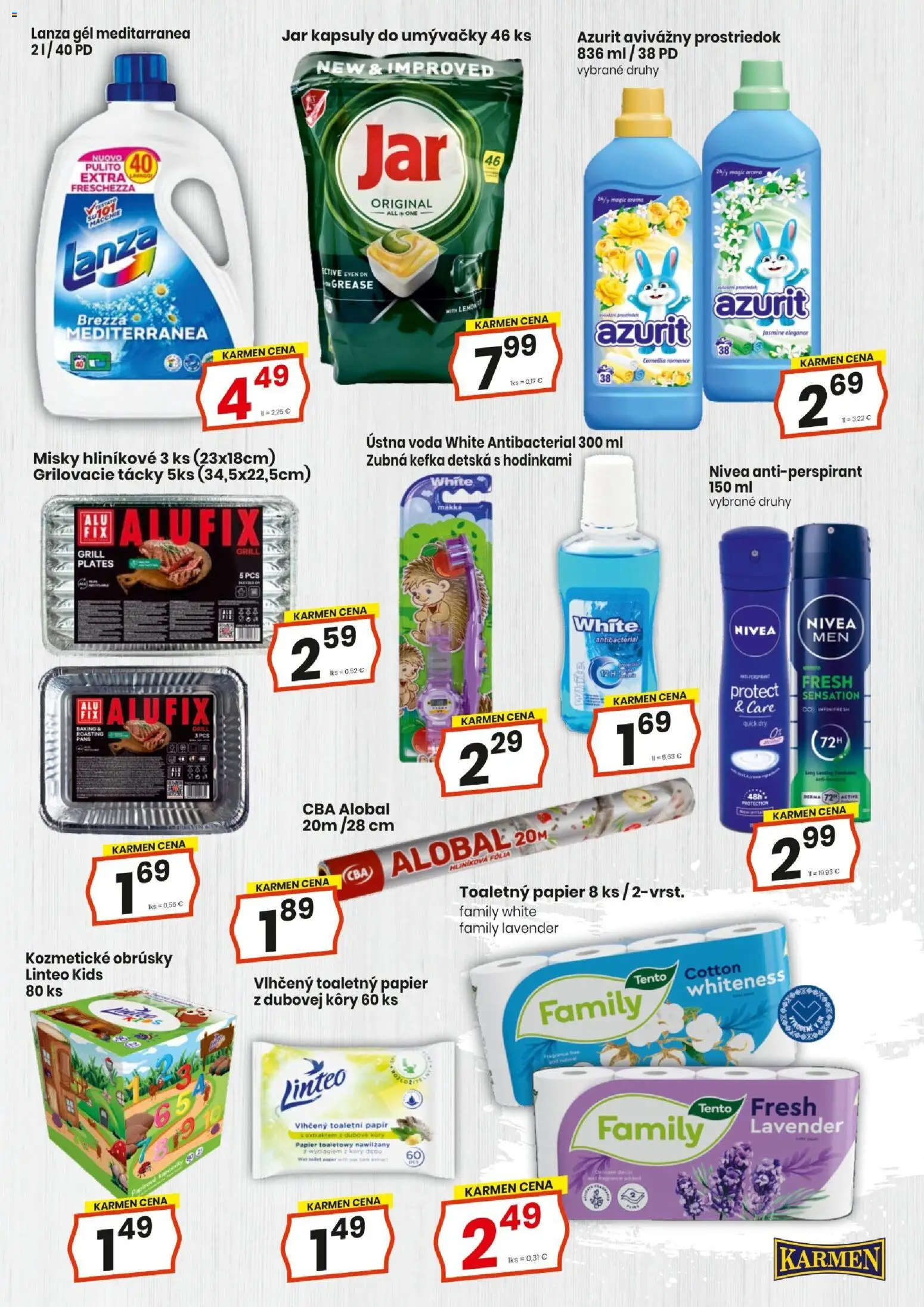 Nové KARMEN CBA akcie – leták je platný od 16.07.2026 | Strana: 15 | Produkty: Zubná kefka, Toaletný papier, Voda, Jar