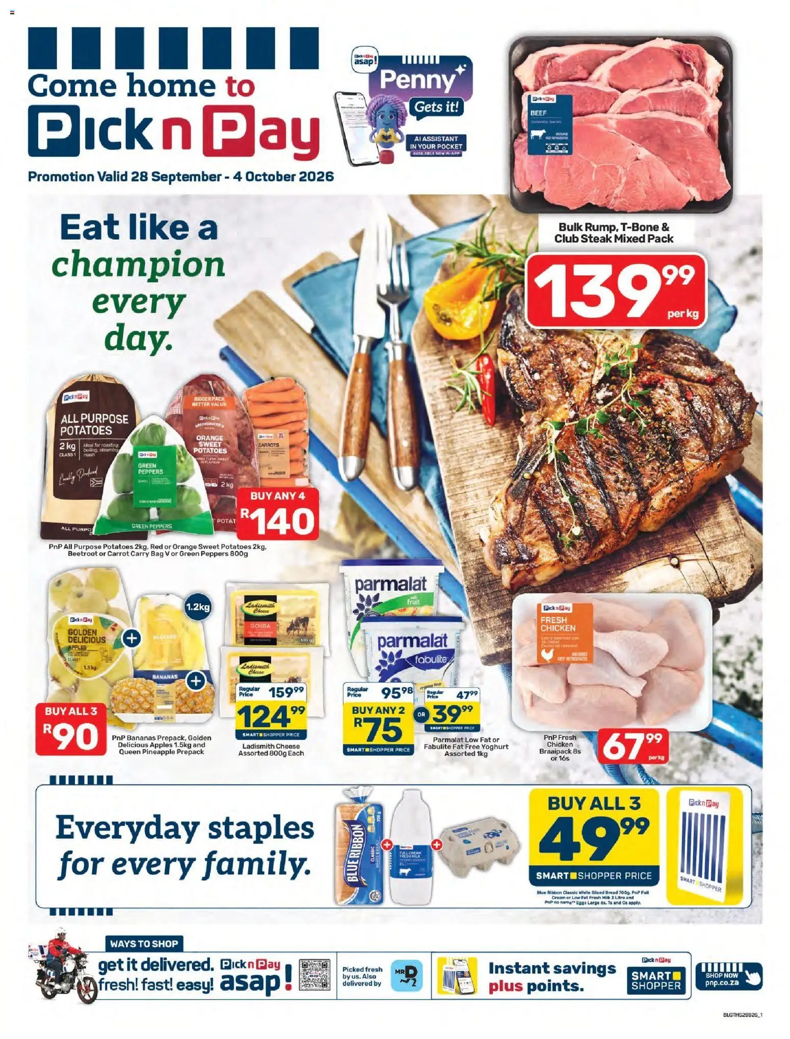 New Pick n Pay catalogue – valid from 28/09/2026 | Page: 1 | Products: Bag, Steak, Bananas, Carrots