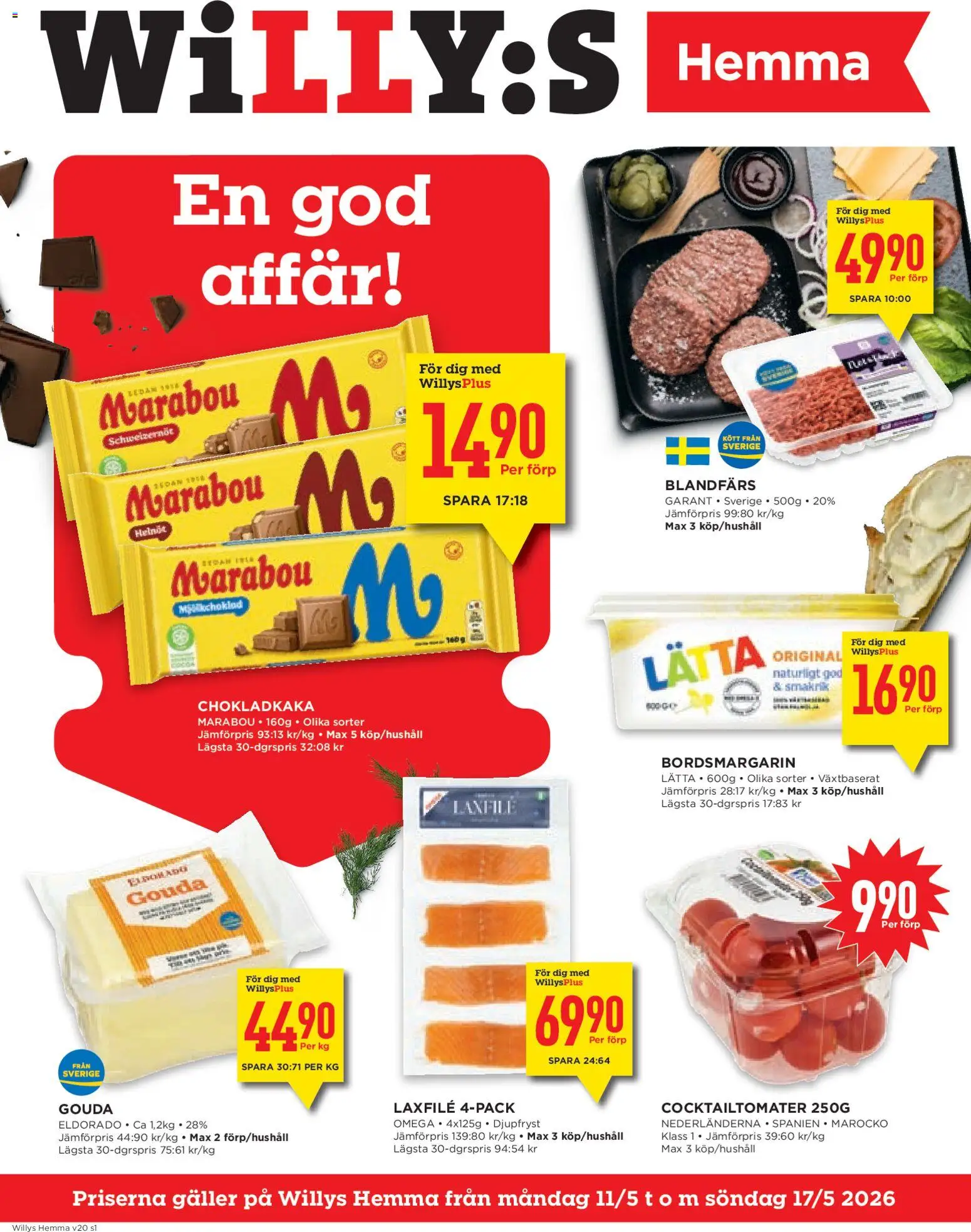 Willys reklamblad aktuell från 11.05.2026 | Sida: 1 | Produkter: Chokladkaka, Cocktailtomater, Galler, Blandfärs