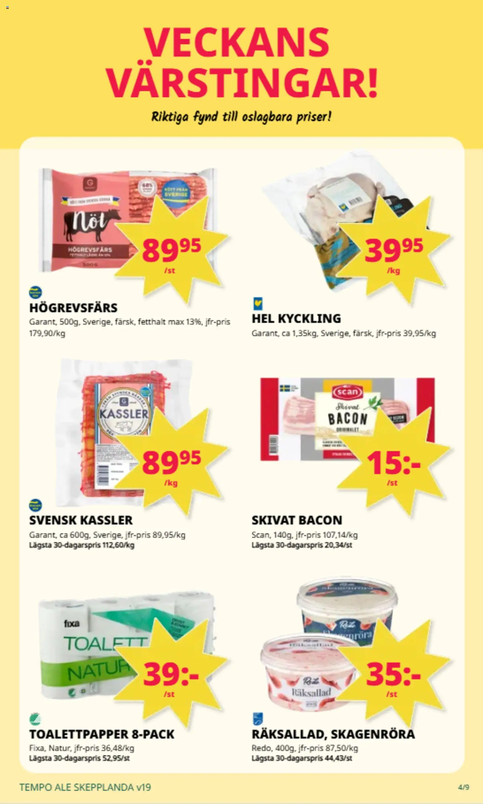 Tempo reklamblad aktuell från 04.05.2026 | Sida: 2 | Produkter: Bacon, Kassler, Toalettpapper, Toalett