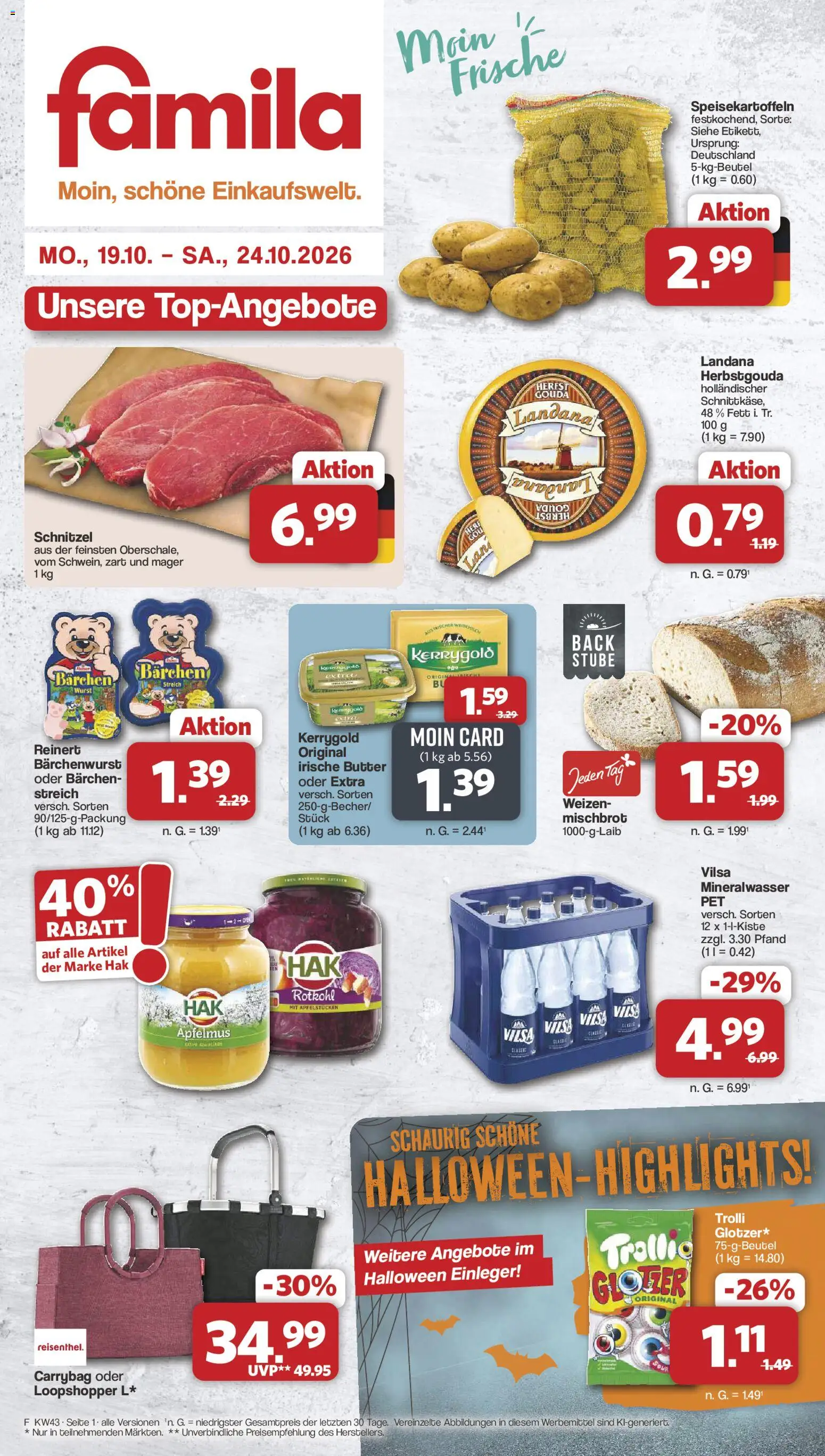 Famila Nordwest Prospekt – gültig ab 19.10.2026 | Seite: 1 | Produkte: Butter, Schnitzel, Mineralwasser, Wurst