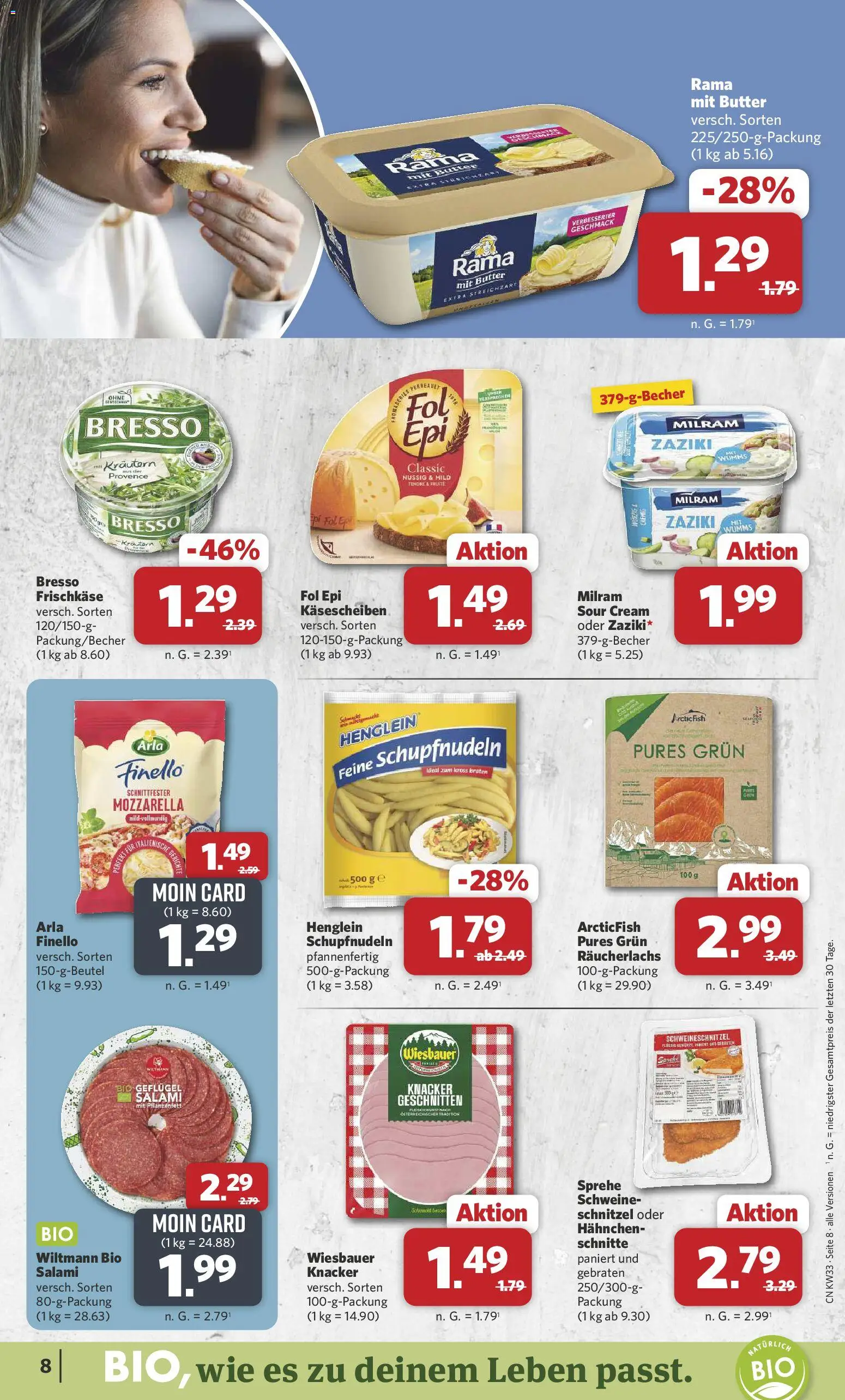 Combi Prospekt – gültig ab 10.08.2026 | Seite: 8 | Produkte: Mozzarella, Schnitzel, Räucherlachs, Milram