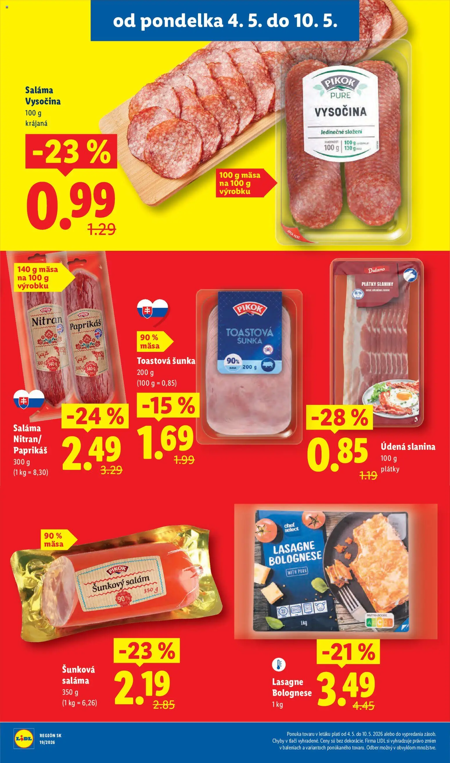 Nové Lidl akcie – leták je platný od 04.05.2026 | Strana: 40 | Produkty: Saláma, Šunka, Slanina, Lasagne