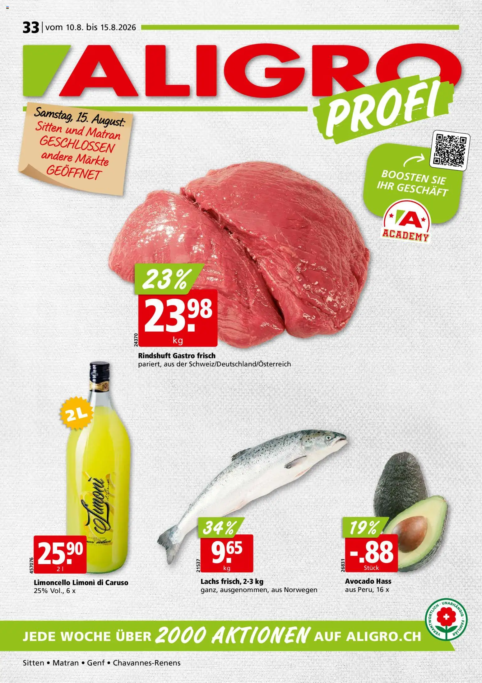 Aligro aktionen Chavannes, Matran, Genf, Sitten – gültig ab 10.08.2026 | Seite: 1 | Produkte: Lachs, Avocado