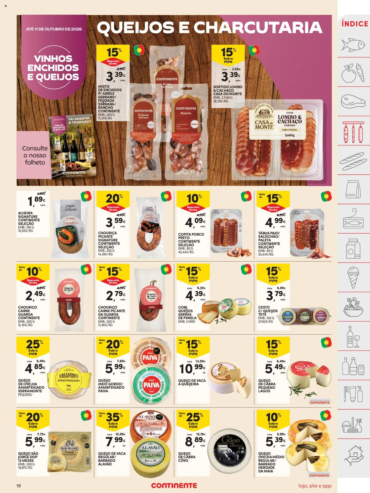 Continente folheto │ válido de 29/09/2026 | Página: 19 | Produtos: Tábua, Queijo, Chouriço, Alheira