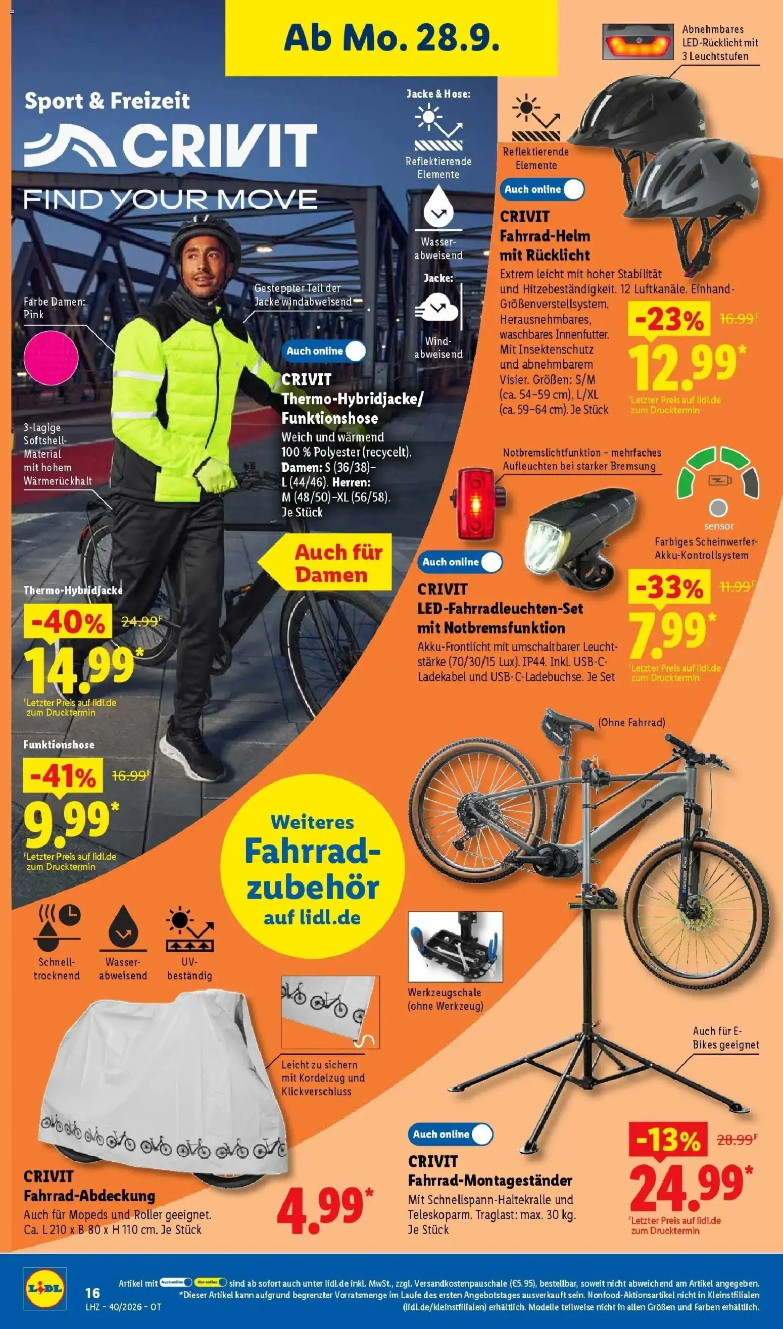 Lidl Prospekt Grimma (ab 28.09.2026) zum Blättern » Angebote | Seite: 32 | Produkte: Fahrradhelm, Ladekabel, Jacke, Hose