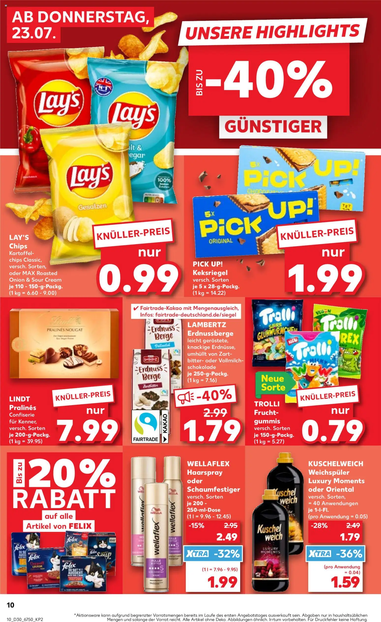 Kaufland Německo leták od 23.07.2026 | Strana: 10 | Produkty: Felix, Lindt, Lay's, Kakao