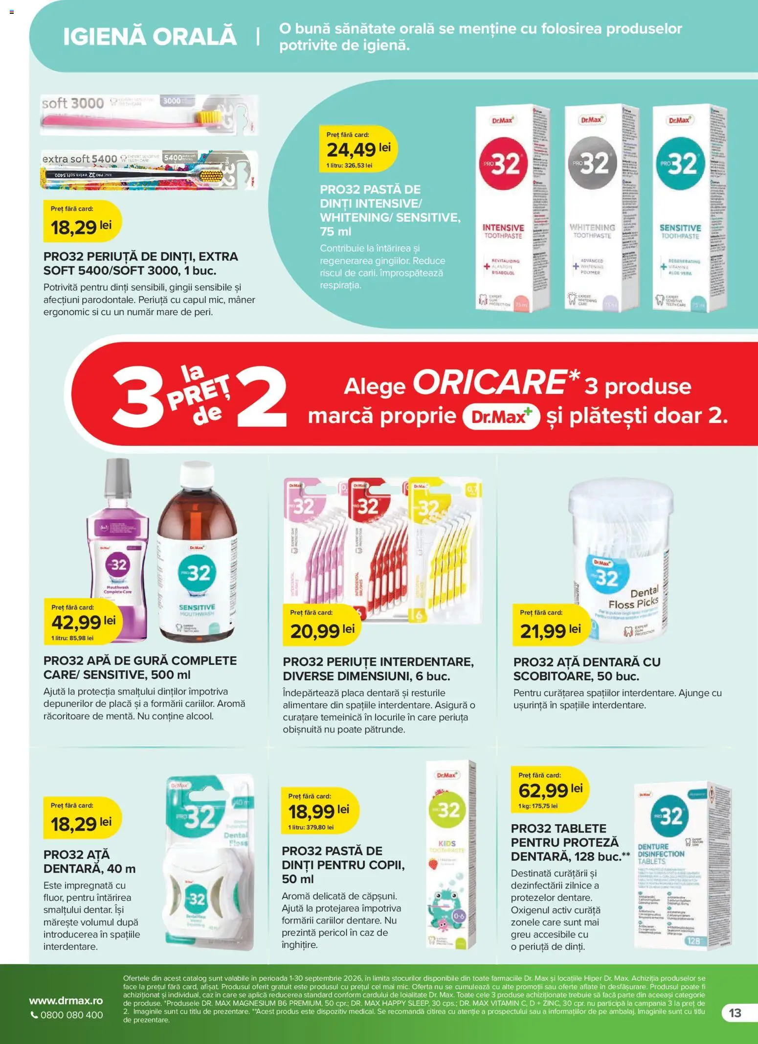 Noul catalog Dr.Max – valabil de la 01.09.2026 | Pagină: 13 | Produse: Pro32, Pastă de dinți, Apă de gură, Apă