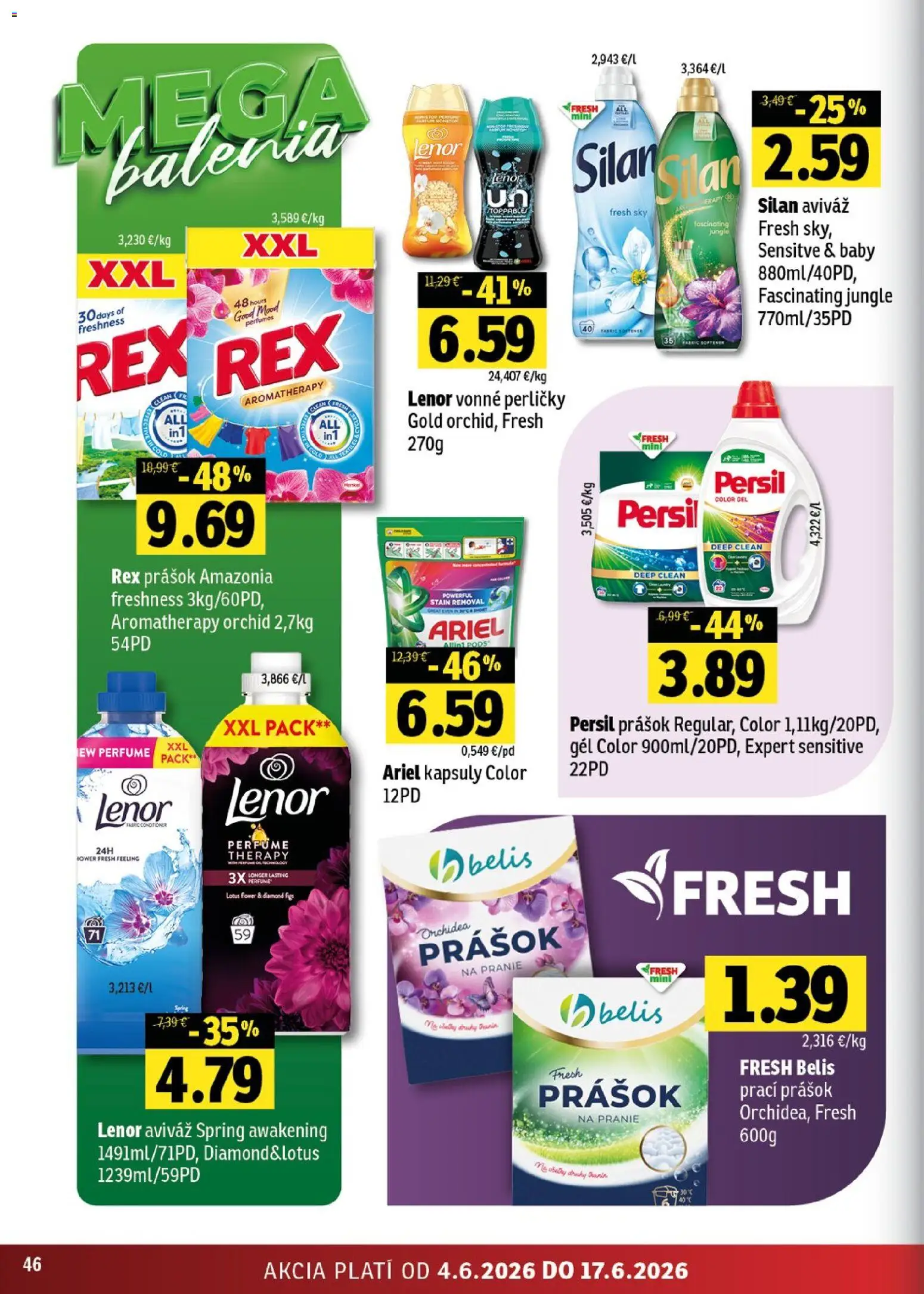 Nové Fresh akcie – leták je platný od 04.06.2026 | Strana: 46 | Produkty: Persil, Aviváž, Ariel, Orchidea