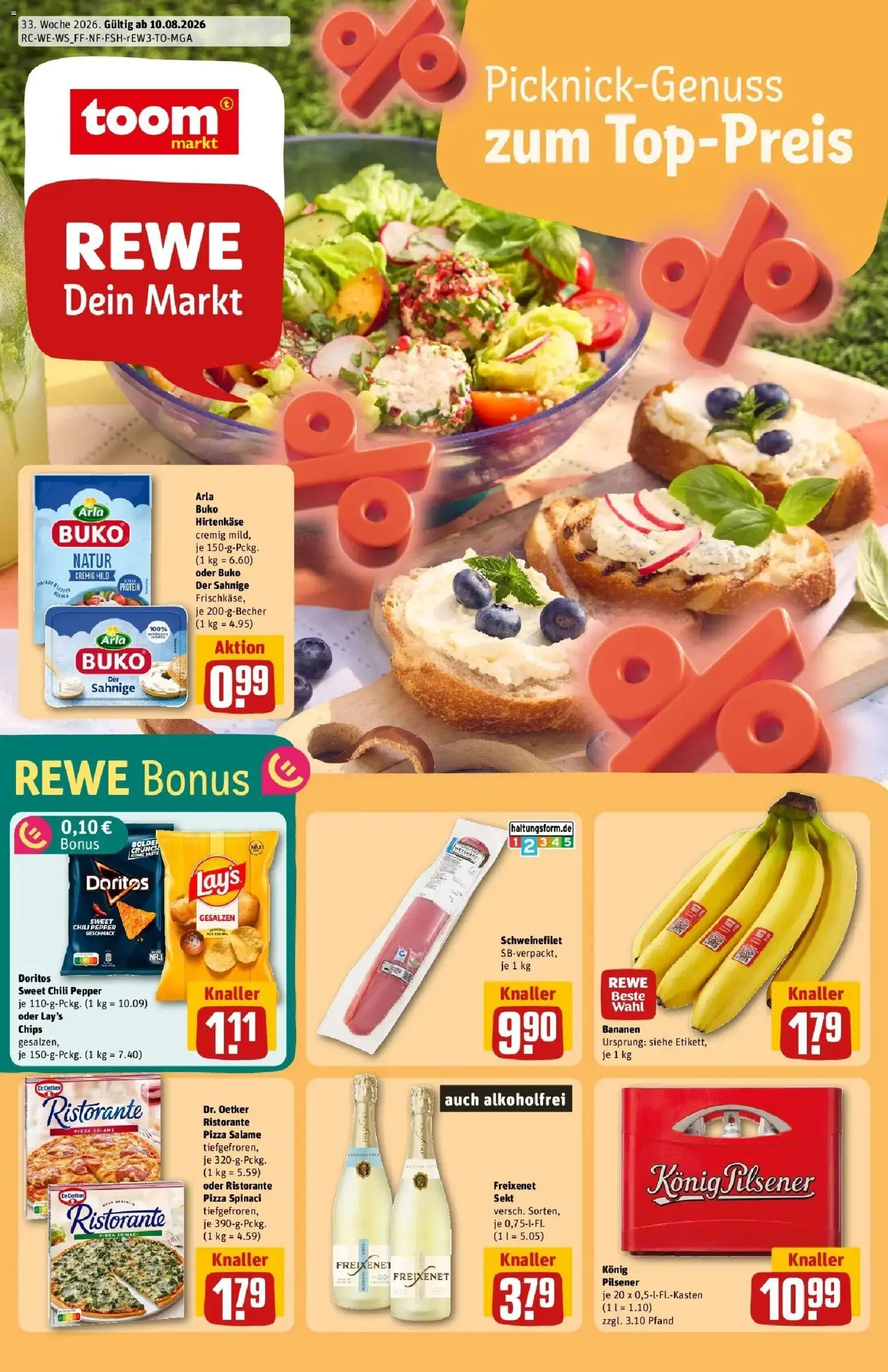 REWE Prospekt ab 10.08.2026 zum Blättern » Angebote | Seite: 1 | Produkte: Ristorante, Freixenet, Bananen, Pizza