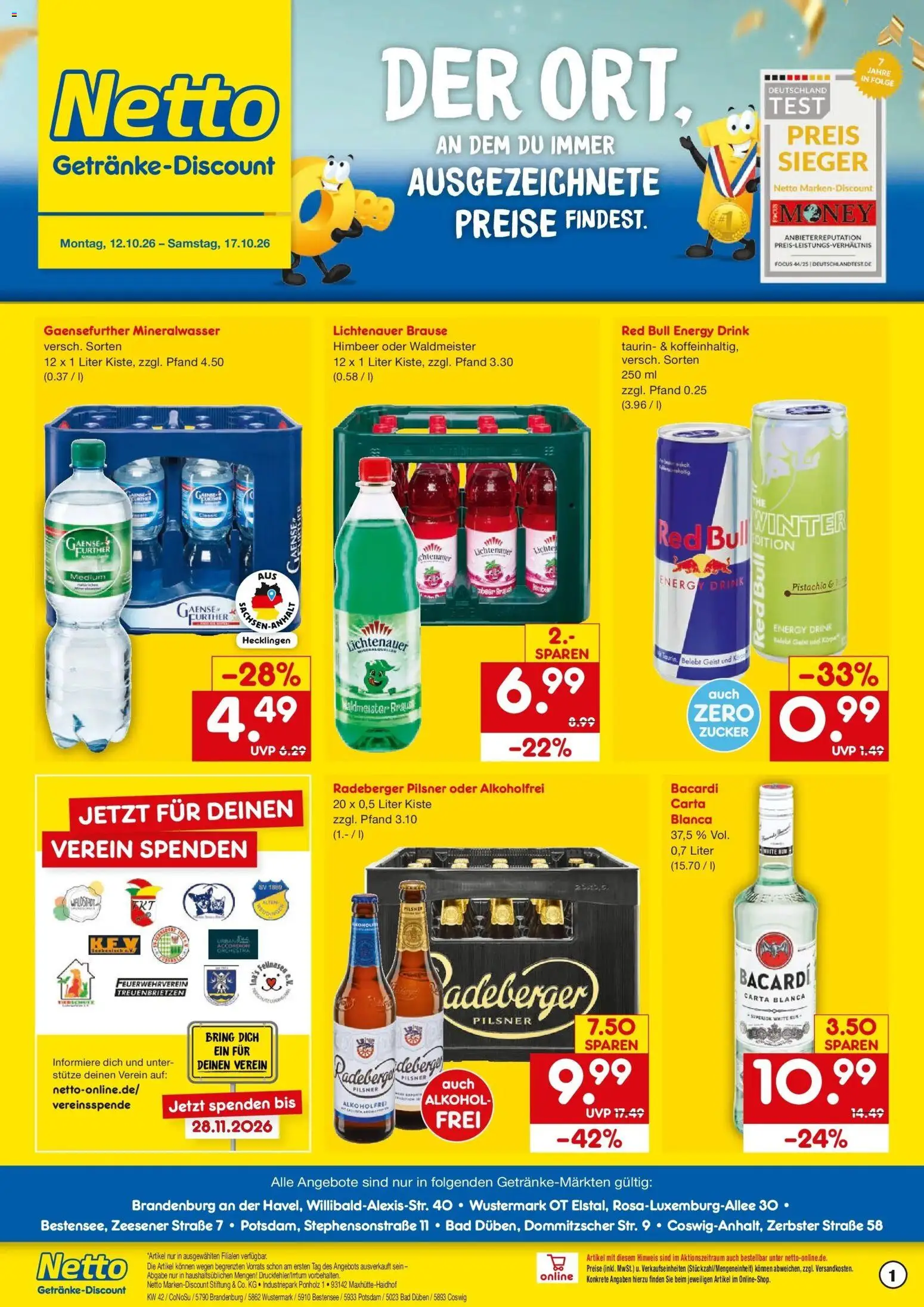 Netto Marken-Discount Prospekt Wustermark-Elstal – gültig ab 12.10.2026 | Seite: 1 | Produkte: Bacardi, Energy, Zucker, Radeberger pilsner