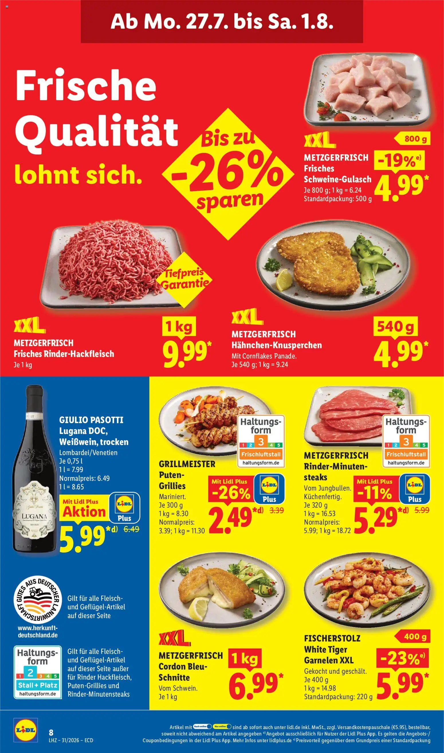 Lidl Prospekt – gültig ab 27.07.2026 | Seite: 12 | Produkte: Schweinegulasch, Garnelen, Tiger garnelen, Fleisch