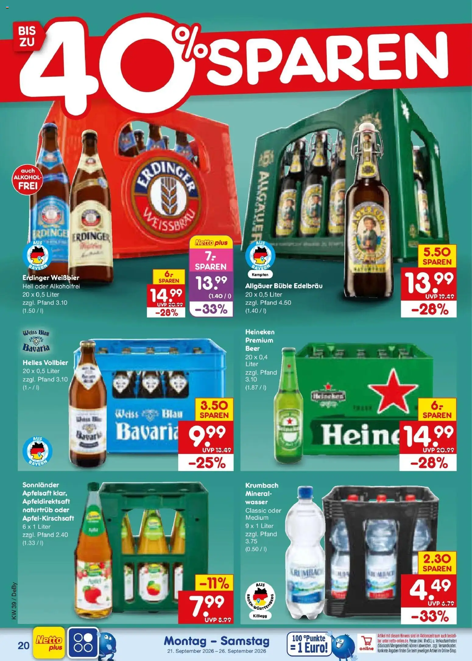 Netto Marken-Discount Prospekt Stuttgart – gültig ab 21.09.2026 | Seite: 28 | Produkte: Erdinger, Apfelsaft, Heineken, Alkohol