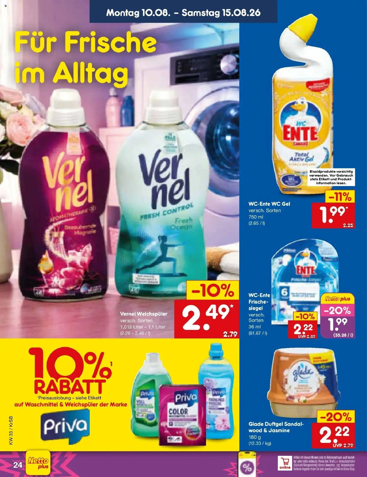Netto Marken-Discount Prospekt Jüchen (ab 10.08.2026) » Angebote | Seite: 34 | Produkte: Weichspüler, Waschmittel, Ente, Vernel