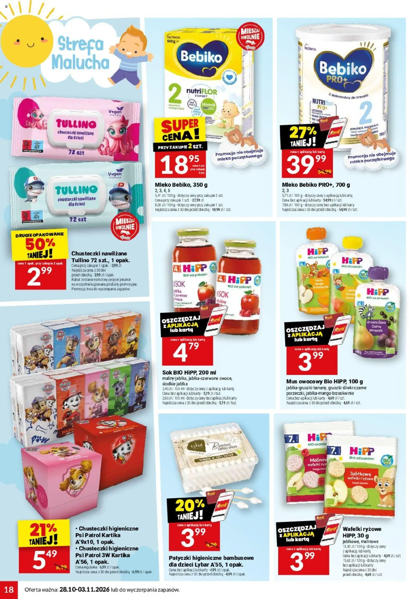Twój Market gazetka od 28.10.2026 | Strona: 18 | Produkty: Chusteczki nawilżane, Mleko Bebiko, Mus owocowy, Sok