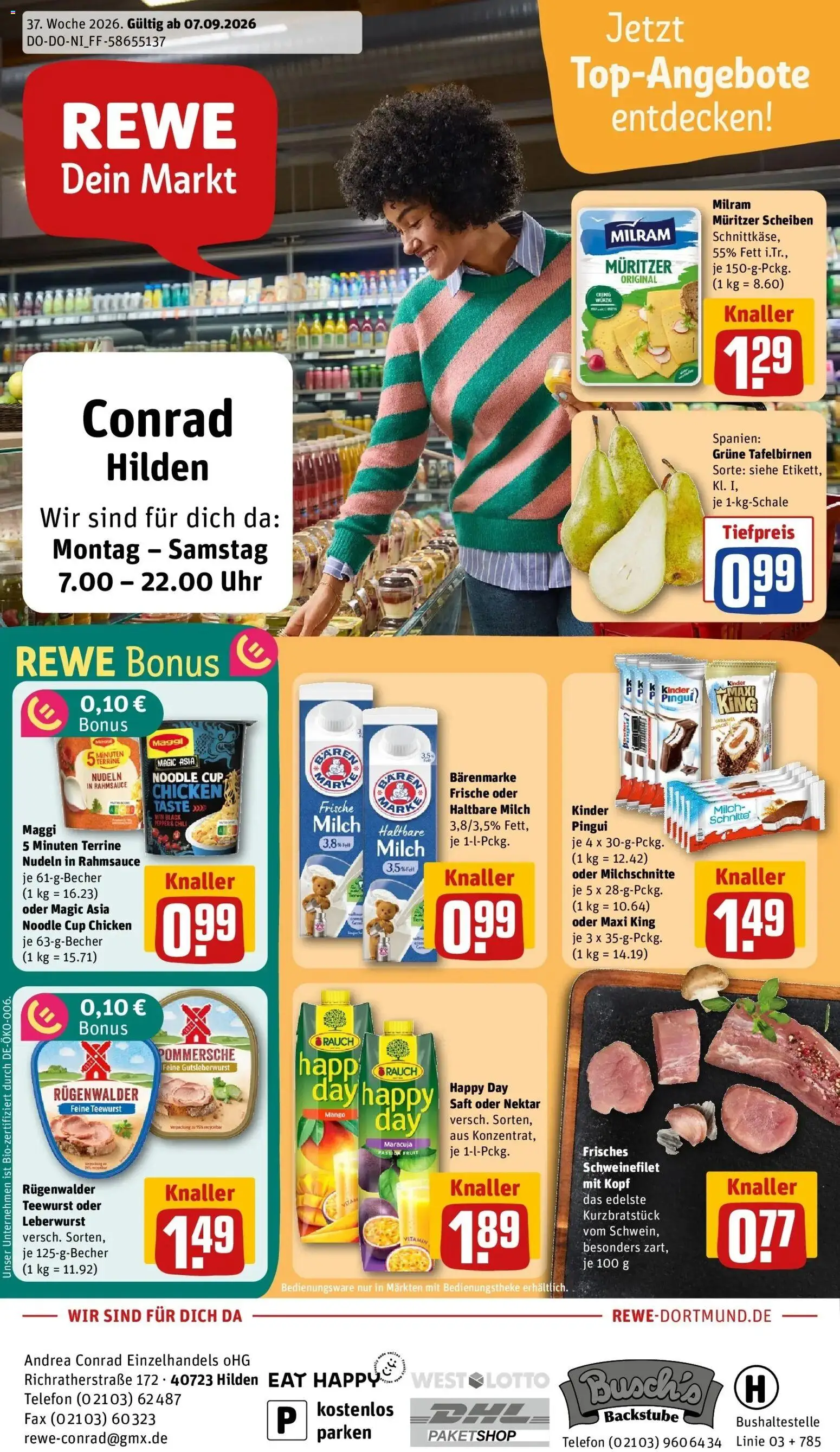 REWE Prospekt ab 07.09.2026 zum Blättern » Angebote | Seite: 1 | Produkte: Milch, Chili, Telefon, Uhr